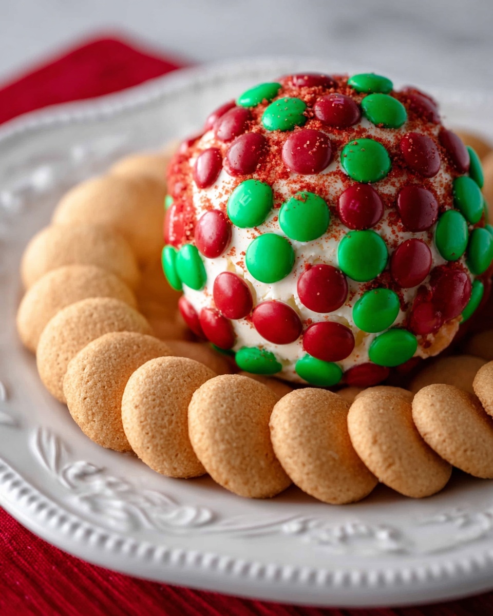 A round ball of white cream cheese covered with red and green candy-coated chocolates is placed in the center of a white plate with a decorative edge. Around the ball, there is a single layer of small, round, light brown vanilla wafers arranged closely together. The white marbled surface serves as the background. photo taken with an iphone --ar 4:5 --v 7