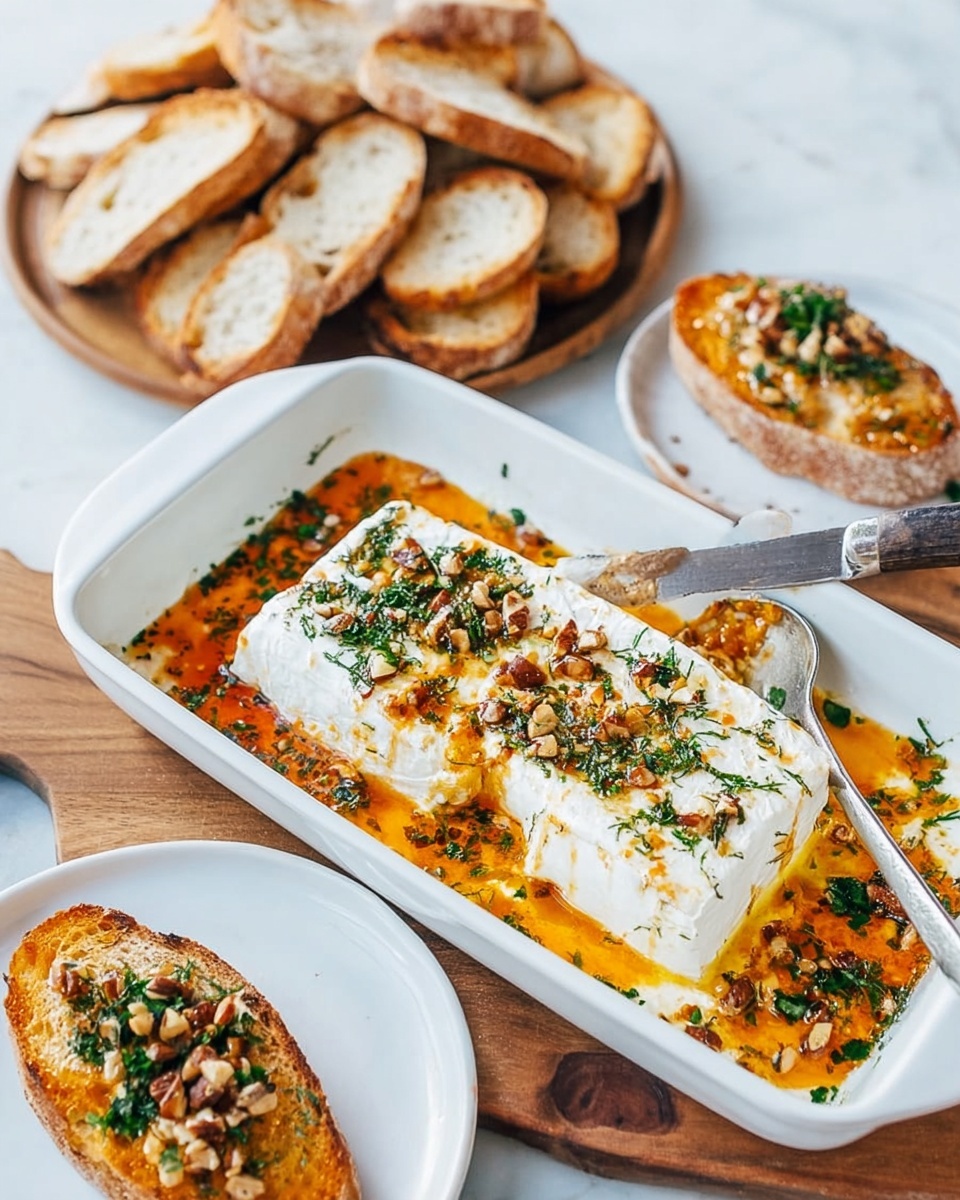 The image shows a close-up of a white round cracker held by a woman's hand, with a creamy white cheese spread being applied on top using a knife. The cheese has a textured layer of crushed nuts and fresh green herbs sprinkled on it, with some orange sauce underneath the cheese and around it in a white bowl. The background is a white marbled surface, giving a clean and bright look. The cheese ball appears rich and creamy with a garnish of fresh herbs and chopped nuts, making it look fresh and appetizing. photo taken with an iphone --ar 4:5 --v 7