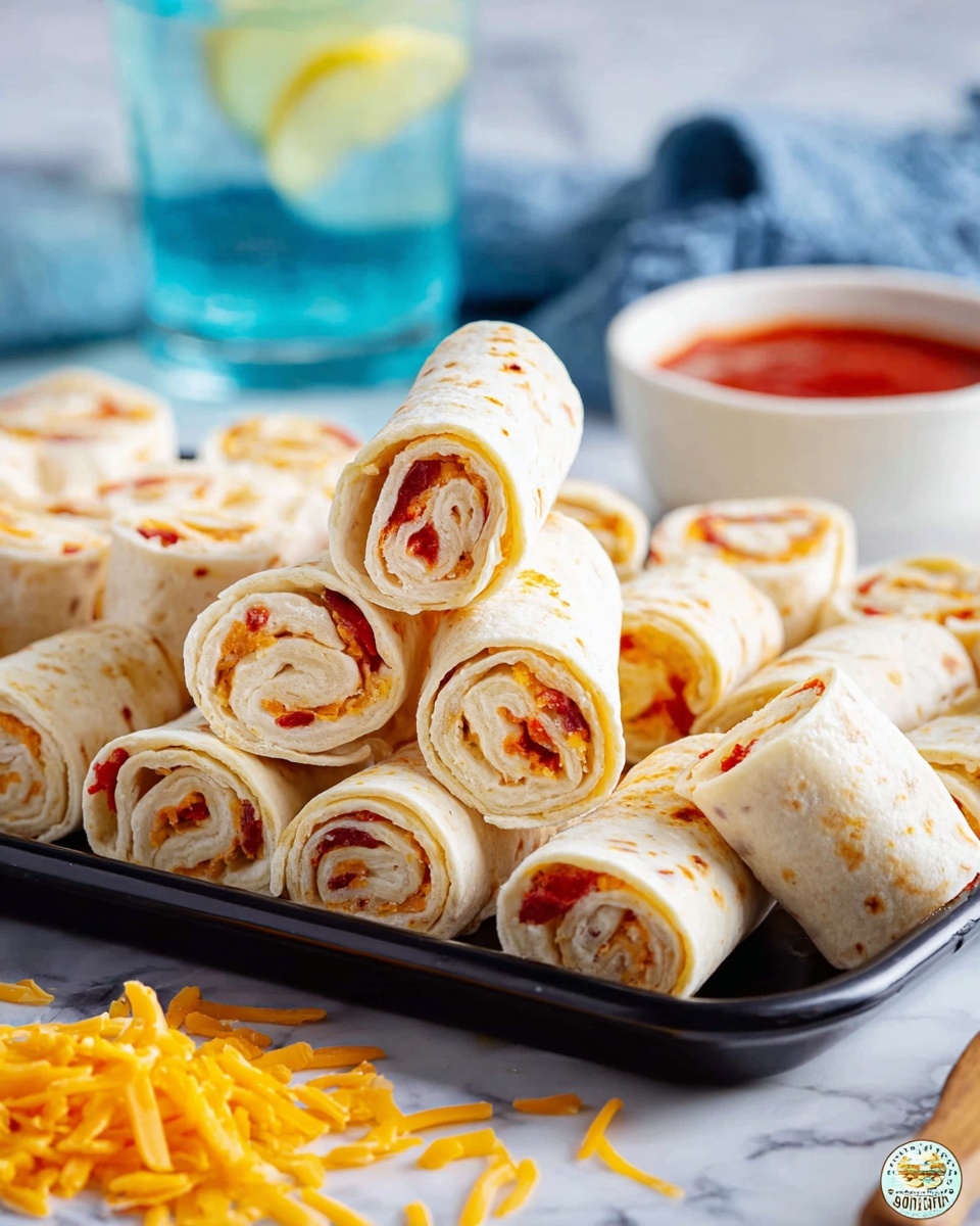The image shows a white plate filled with several tortilla roll-ups standing upright and leaning against each other. Each roll-up has a soft, pale cream-colored tortilla layer wrapped tightly around a filling with visible pieces of red and light yellow ingredients, giving a mix of smooth and slightly textured look inside. A small bowl of red sauce with a smooth surface sits next to the roll-ups. The background features a white marbled surface. The photo taken with an iphone --ar 4:5 --v 7