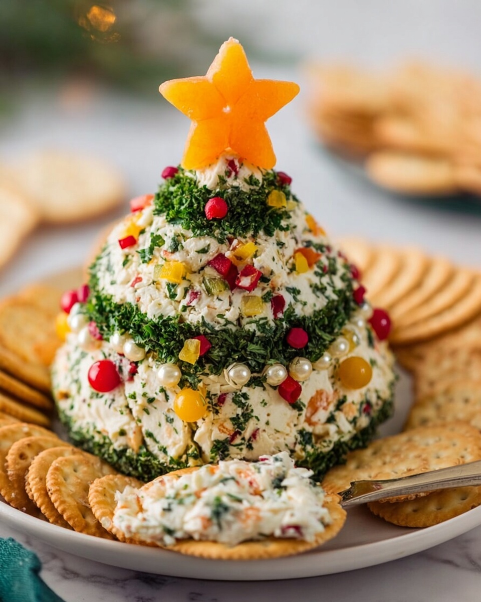The image shows a round ball of cheese covered with chopped green herbs and decorated with small pieces of yellow and red bell peppers and white pine nuts, placed on a dark red wooden plate. In front, a white round cracker is topped with a thick layer of creamy white cheese mix that has small green herb pieces, along with bits of yellow and red bell peppers and pine nuts. To the right, more white square crackers are scattered with a metal knife lying next to them, smeared with some of the same cheese mix. The plate is set on a white marbled surface. photo taken with an iphone --ar 4:5 --v 7