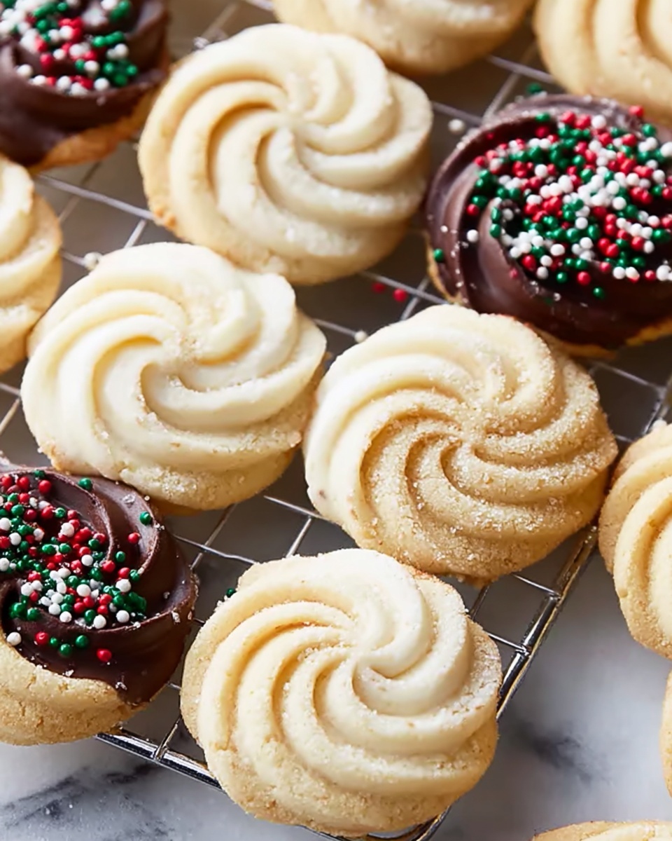 The image shows a group of round swirl cookies arranged closely on a silver cooling rack over a white marbled surface. Most cookies are plain, light golden color with a soft, smooth texture in visible spiral patterns. Two cookies are coated halfway: one dipped in dark chocolate with red, white, and green tiny sprinkles, and another dipped in white icing with similar colorful sprinkles. The sprinkles add small, rough spots contrasting with the smooth cookie and chocolate coating. The cookies have a delicate piped look with soft shadows enhancing their layered shapes photo taken with an iphone --ar 4:5 --v 7