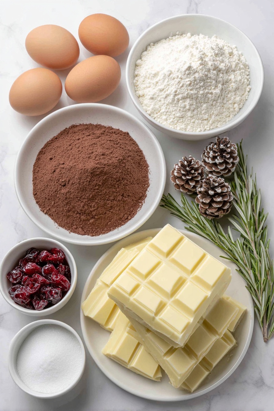 Flat lay of chopped white chocolate in a simple white ceramic bowl, fresh heavy cream in a small white bowl, two whole uncracked brown eggs, a mound of sifted cocoa powder on a white plate, a small white bowl with espresso powder, a pinch of sea salt scattered on a white plate, whole milk in a small white bowl, a few sprigs of fresh rosemary, granulated sugar on a white plate, whole cake flour on a white plate, dark chocolate chopped in a white ceramic bowl, meringue mushrooms on a small white plate, sugared cranberries in a small white bowl, almond pine cones on a white plate, and a small bowl of vanilla extract placed on a clean white marble surface, soft natural light, photo taken with an iPhone, professional food photography style, fresh ingredients, white ceramic bowls, no bottles, no duplicates, no utensils, no packaging --ar 2:3 --v 7 --p m7354615311229779997 - Chocolate Peppermint Yule Log, holiday chocolate desserts, festive Christmas cake, peppermint chocolate roulade, easy holiday Yule log
