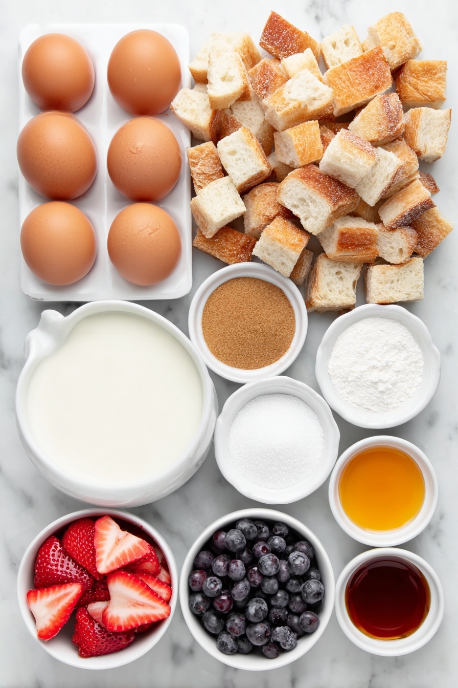 Flat lay of a large pile of cubed French bread, eight whole uncracked brown eggs neatly arranged, a small white bowl of 2% milk, a small white bowl filled with golden brown sugar, a small white bowl with ground cinnamon powder, a small white bowl holding clear vanilla extract, a handful of fresh sliced strawberries arranged flat, a handful of plump blueberries, a small white bowl with fine white powdered sugar, and a small white bowl of amber maple syrup, all placed on a clean white marble surface, soft natural light, photo taken with an iPhone, professional food photography style, fresh ingredients, white ceramic bowls, no bottles, no duplicates, no utensils, no packaging --ar 2:3 --v 7 --p m7354615311229779997 - Berry French Toast Casserole, easy breakfast casserole with berries, crowd-pleasing brunch recipe, baked French toast with berries, weekend breakfast idea