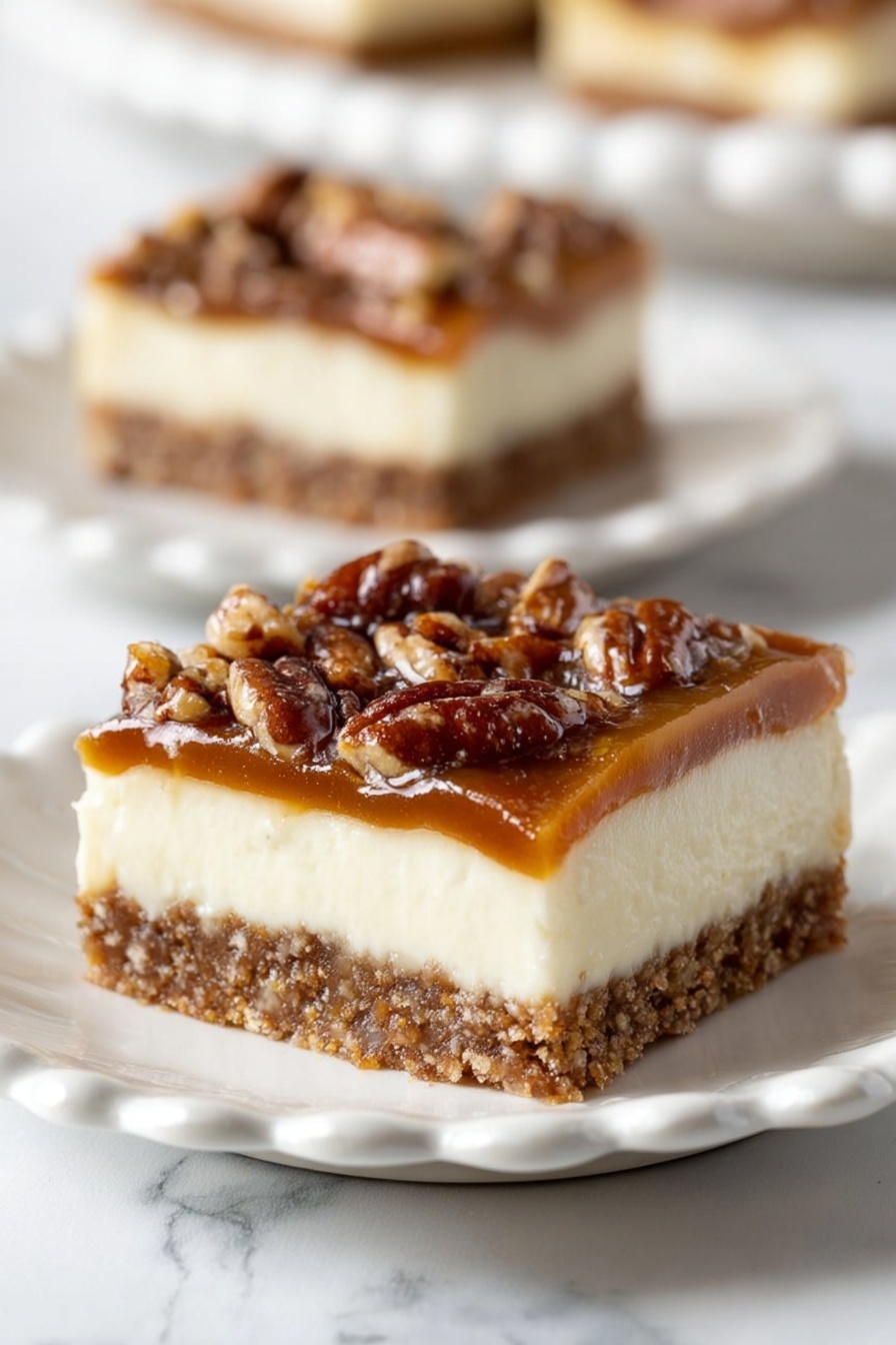 A close-up image of a white rectangular baking dish filled with a thick layer of glossy caramel topping mixed with many chopped pecans. The caramel layer has a rich golden-brown color with a slightly shiny texture, evenly spread covering the entire surface. The pecans are roasted and scattered densely throughout the caramel, adding a rough and crunchy look with their dark brown and light tan colors. The dish is placed on a white marbled surface. photo taken with an iphone --ar 2:3 --v 7 - Pecan Cheesecake Bars, pecan dessert recipes, easy cheesecake bars, nutty dessert bars, festive cheesecake bars