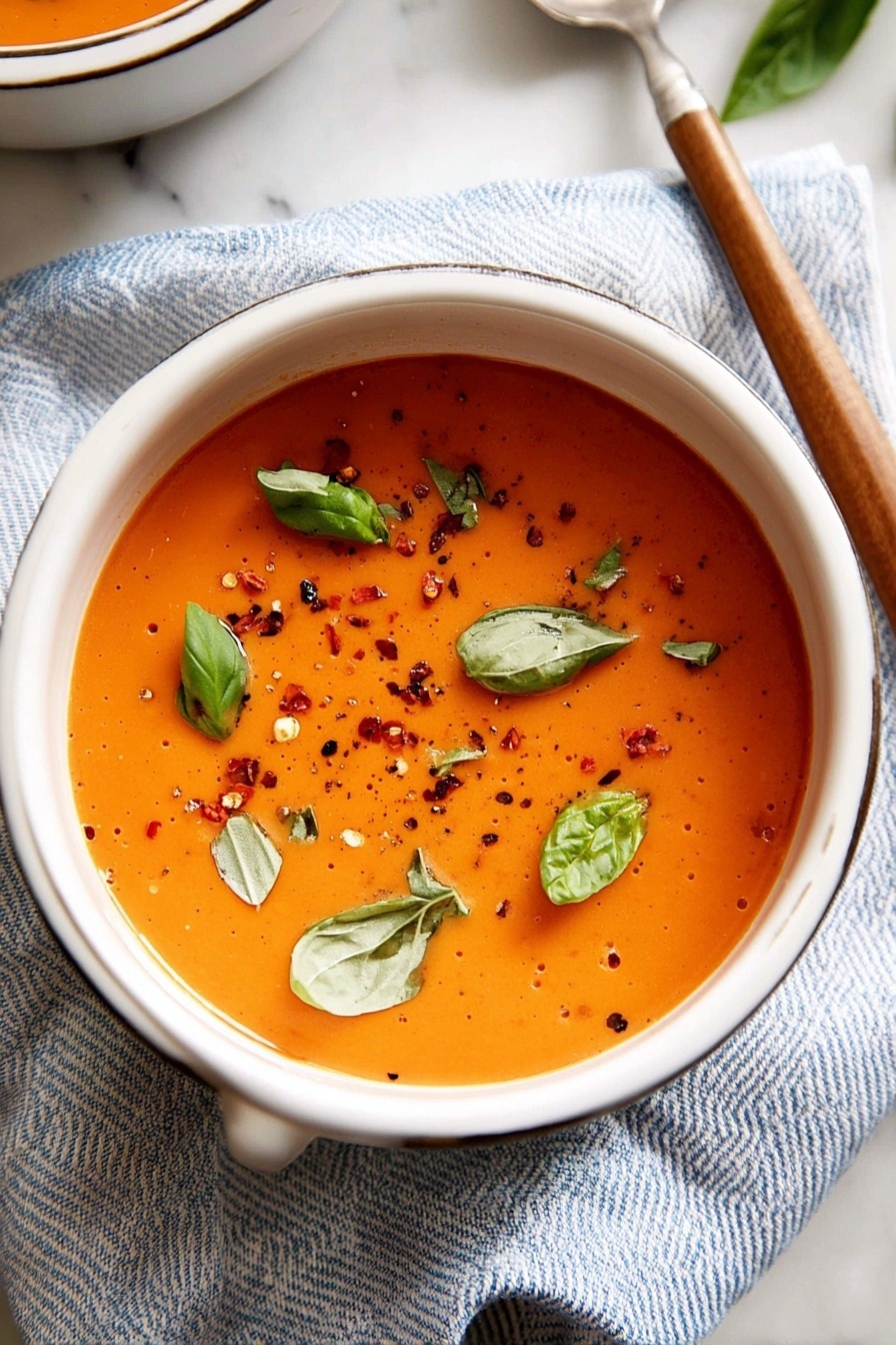 A white round bowl filled with smooth, creamy orange soup, topped with small fresh green basil leaves scattered across the surface. There are tiny bits of black pepper and red chili flakes sprinkled evenly on the soup. The bowl sits on a soft blue and white striped cloth over a white marbled surface, with a wooden spoon handle visible next to it. Photo taken with an iphone --ar 2:3 --v 7 - Creamy Tomato Soup, easy tomato soup recipe, homemade tomato soup, velvety tomato soup, comforting tomato soup