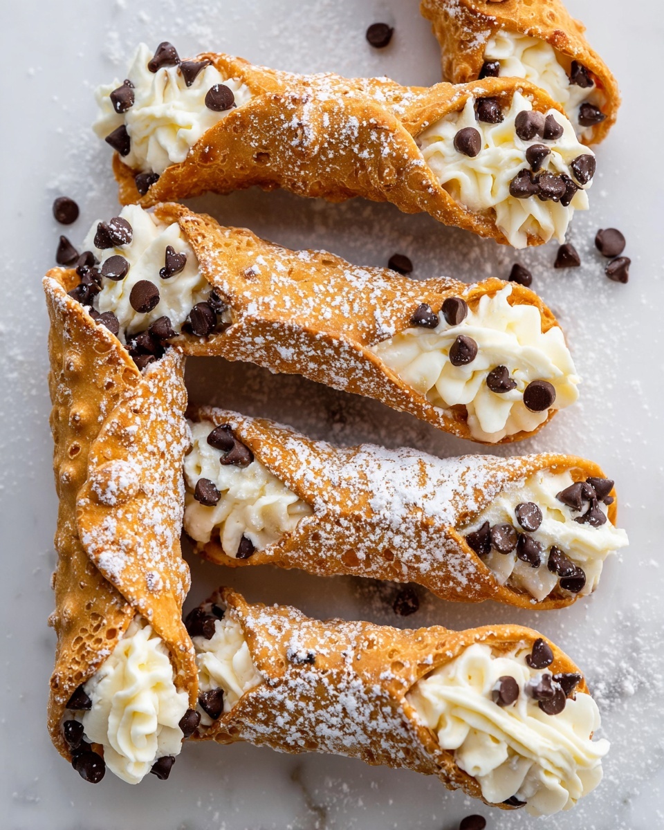 The image shows five rolled, crispy golden-brown cannoli shells filled with smooth, creamy white ricotta cheese piped at both ends in a wavy pattern. Small dark chocolate chips are sprinkled on top of the ricotta layers at each end, adding texture and contrast. The cannoli are arranged in a loose cluster on a clean white plate with a light dusting of powdered sugar on the shells and plate. A few chocolate chips are also scattered casually on the white marbled surface around the plate. The overall look is bright, inviting, and detailed with focus on the crunchy texture of the shells and the soft creamy filling. photo taken with an iphone --ar 4:5 --v 7