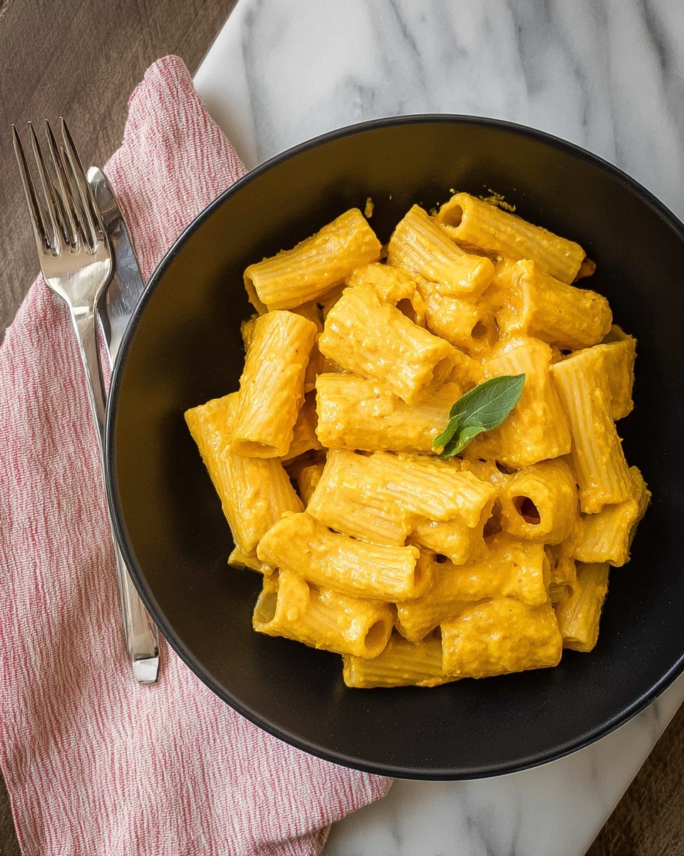 A close-up of a black bowl filled with rigatoni pasta coated in a thick, creamy light orange sauce with visible small specks of seasoning. The rigatoni pieces are arranged in a loose pile, showing their ridged texture and hollow centers. A single small green leaf sits on top as a garnish. The bowl sits on a white marbled surface. photo taken with an iphone --ar 4:5 --v 7