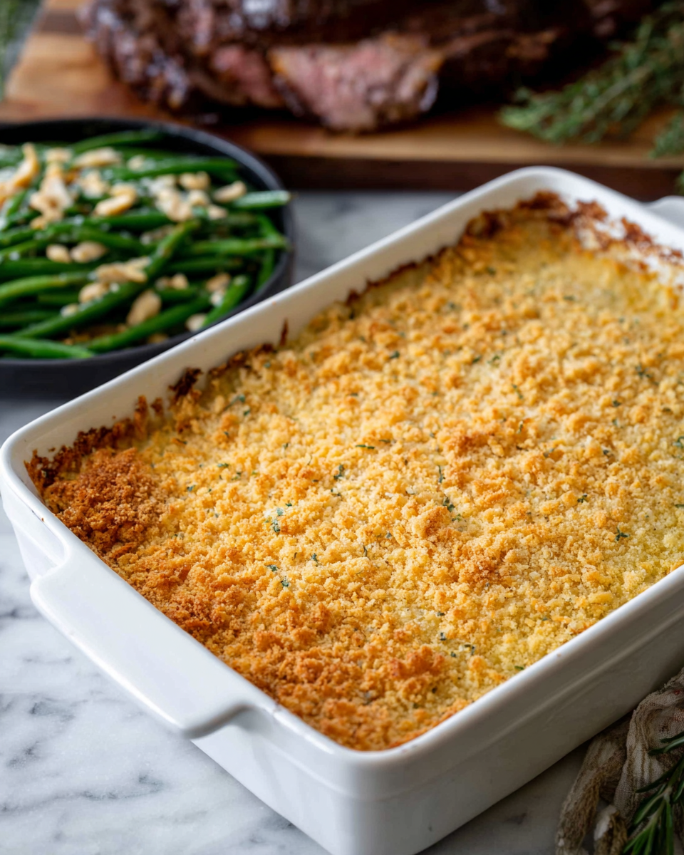 A wooden board sits on a white marbled surface, holding a seasoned roast with a dark brown crust and green herbs around it, with two slices showing a pink center placed at the board's edge. To the left, a white oval dish contains green beans mixed with sliced onions and toasted almond slivers, showing varied green and beige tones. Below, a large rectangular white dish is filled with a golden, crispy baked topping with a crunchy texture. To the right, a white bowl holds smooth, creamy white sauce with a small herb garnish on top. The scene includes a striped cloth, pine cones, and festive decorations in the background. Photo taken with an iphone --ar 4:5 --v 7