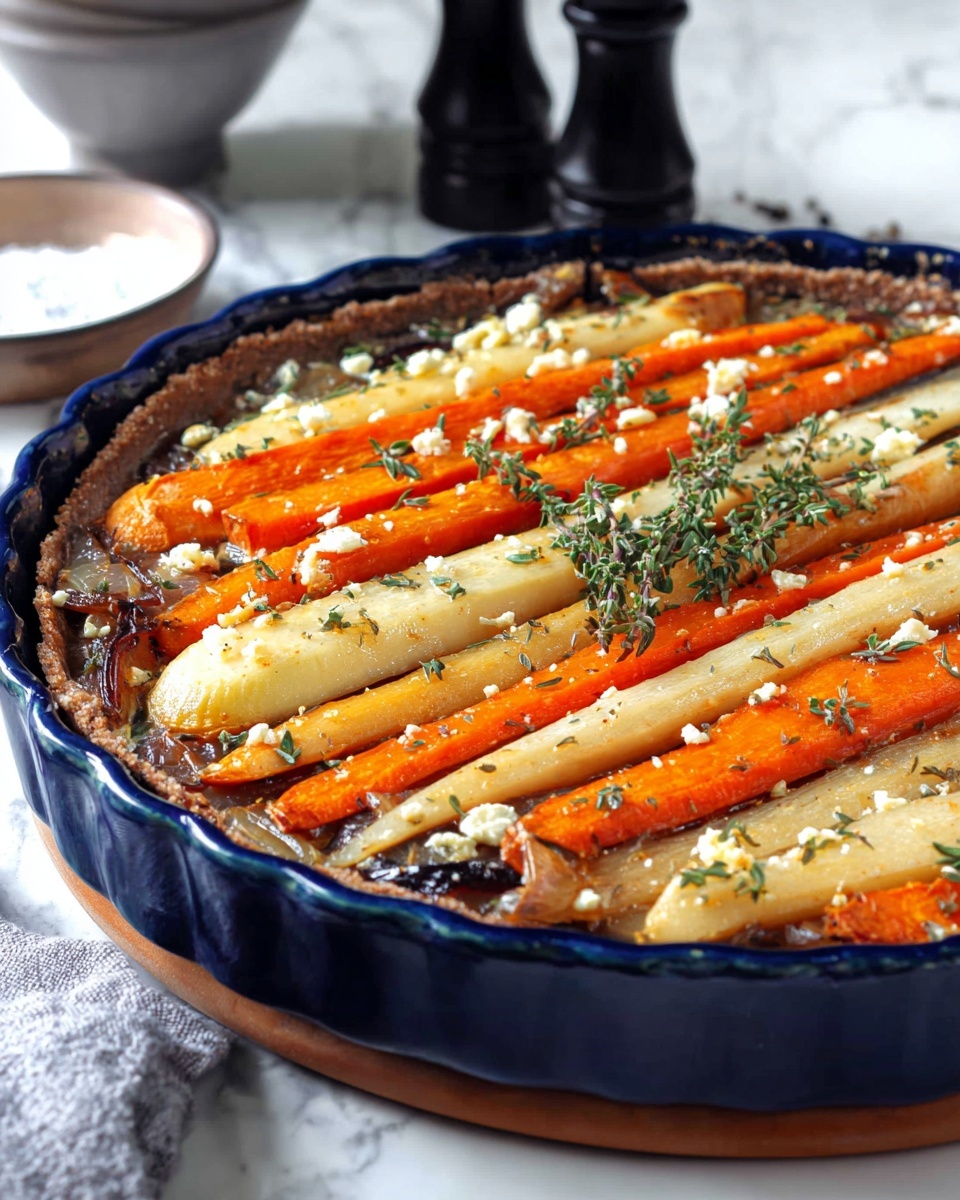 A round dish with a dark blue edge holds a layered vegetable tart. The top layer shows long slices of orange carrots and pale yellow parsnips arranged alternately in neat rows. The vegetables have a slightly roasted look with a shiny texture and are sprinkled with small bits of white cheese and tiny green herb leaves. The tart base is brown, visible around the edges and between the vegetable rows, and there are some caramelized onion pieces peeking out. A few sprigs of fresh herbs sit on top for garnish. The dish is set on a white marbled surface with some black salt and pepper shakers blurred in the background. Photo taken with an iphone --ar 4:5 --v 7