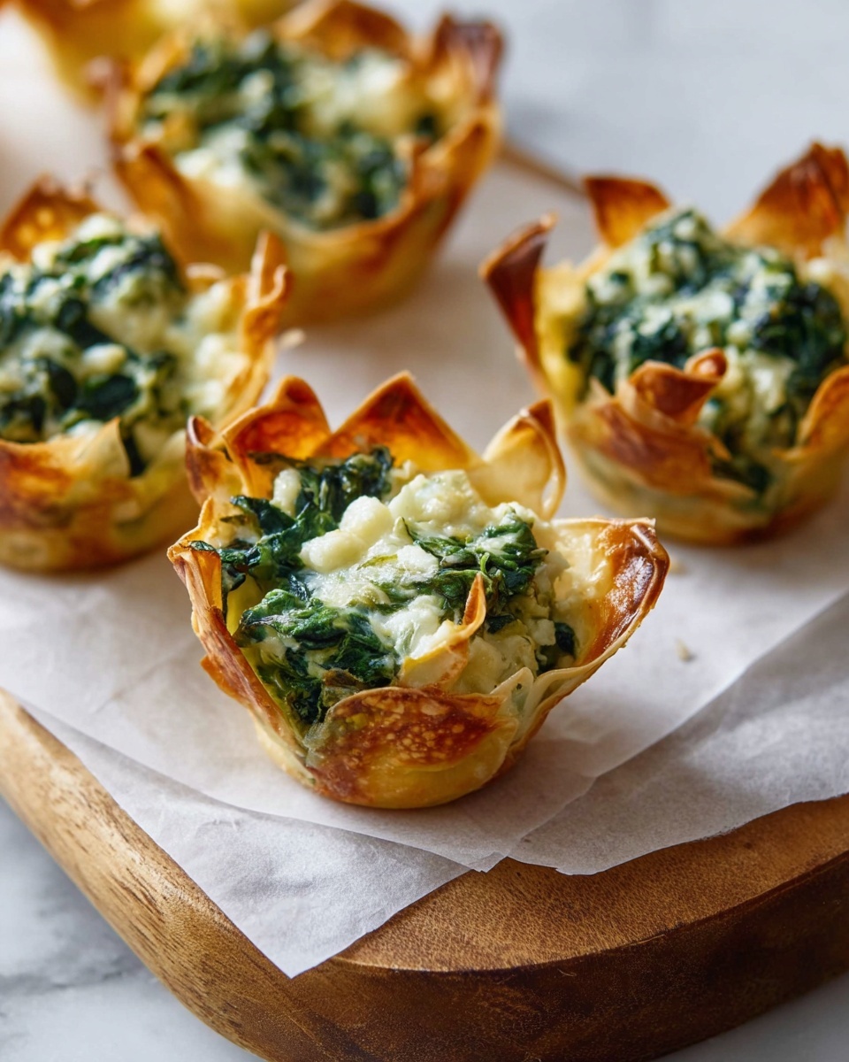 The image shows several small appetizers placed on a white marbled surface with a piece of white parchment paper on a wooden board. Each appetizer has two layers: the first is a crispy, golden-brown pastry cup with slightly curled edges and a flaky texture, holding the filling. The second layer inside the cup is a creamy, chunky mixture of green spinach leaves and bits of melted cheese, creating a rich green and pale cream contrast. The spinach looks soft and cooked, while the cheese looks smooth and lightly melted. Photo taken with an iphone --ar 4:5 --v 7