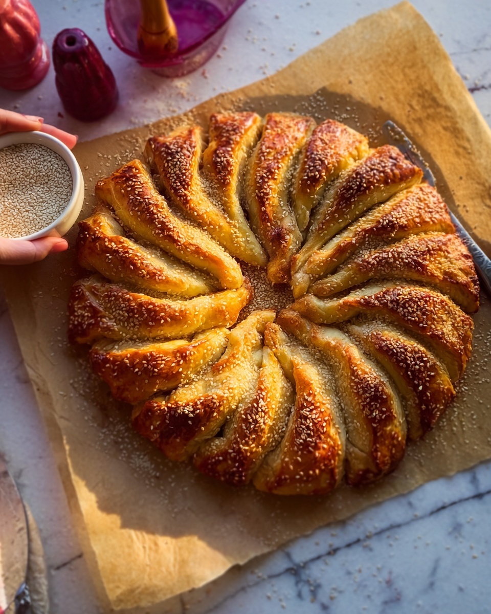 The image shows a large twisted bread shaped like a ring on brown parchment paper. The bread is golden brown with visible layers twisted around each other, sprinkled with seeds on top. The bread has a shiny and baked crust with some darker brown grilled lines on the surface. Nearby are wooden salad spoons and a small white bowl with some seeds or grains inside. A purple cloth and a red dish with a white interior holding strawberries are seen in the upper part of the image. The background surface is white marbled texture. photo taken with an iphone --ar 4:5 --v 7