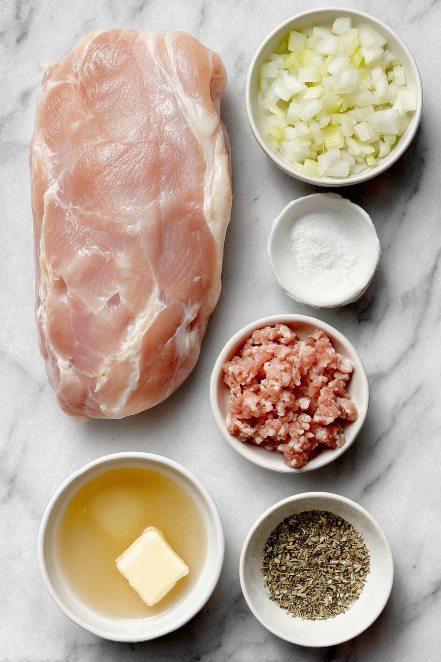 Flat lay of a whole skinless boneless turkey breast, a small mound of Italian sausage meat loose and raw, a few finely diced yellow onion pieces, some finely diced celery stalks, a small white bowl of golden softened unsalted butter, a small white bowl of light chicken broth, a small white bowl of kosher salt, a small white bowl of ground black pepper, a small white bowl of garlic powder, a neat pile of herb stuffing mix, placed on a clean white marble surface, soft natural light, photo taken with an iPhone, professional food photography style, fresh ingredients, white ceramic bowls, no bottles, no duplicates, no utensils, no packaging --ar 2:3 --v 7 --p m7354615311229779997 - Stuffed Turkey Roulade with Sausage, turkey roulade recipe, savory stuffed turkey, elegant holiday main dish, juicy turkey roulade