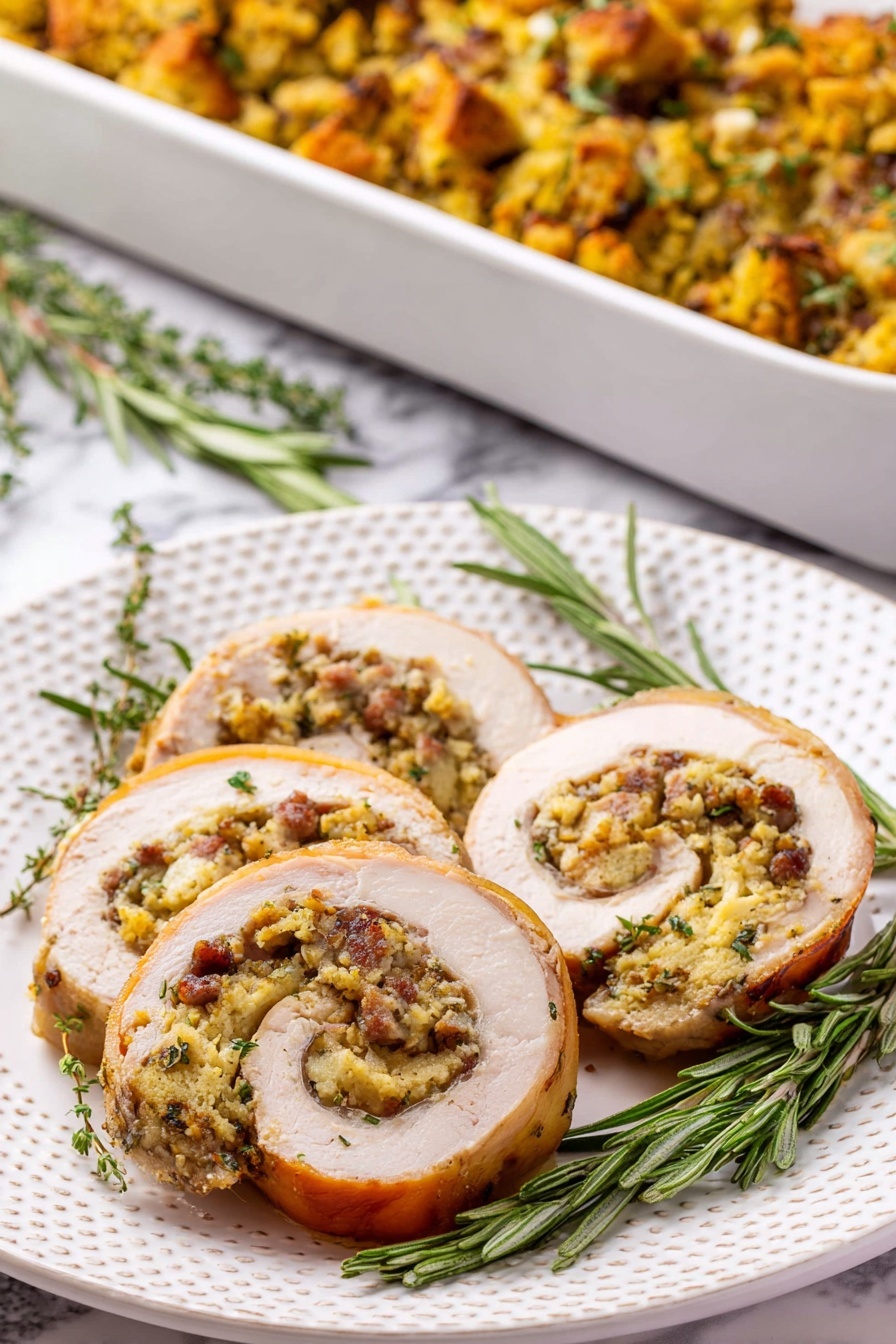 The image shows three thick slices of rolled turkey with a stuffing inside on a white plate with a dotted edge. The turkey skin is golden brown and slightly crispy, while the stuffing inside is a mix of light yellow and brown chunks, textured with herbs and small bits of sausage. There are fresh sprigs of green rosemary and thyme placed around the turkey slices on the plate. In the background, a white rectangular baking dish holds the same stuffing, which is a golden-brown mix with small visible herbs, resting on a white marbled surface. The photo taken with an iphone --ar 2:3 --v 7 - Stuffed Turkey Roulade with Sausage, turkey roulade recipe, savory stuffed turkey, elegant holiday main dish, juicy turkey roulade