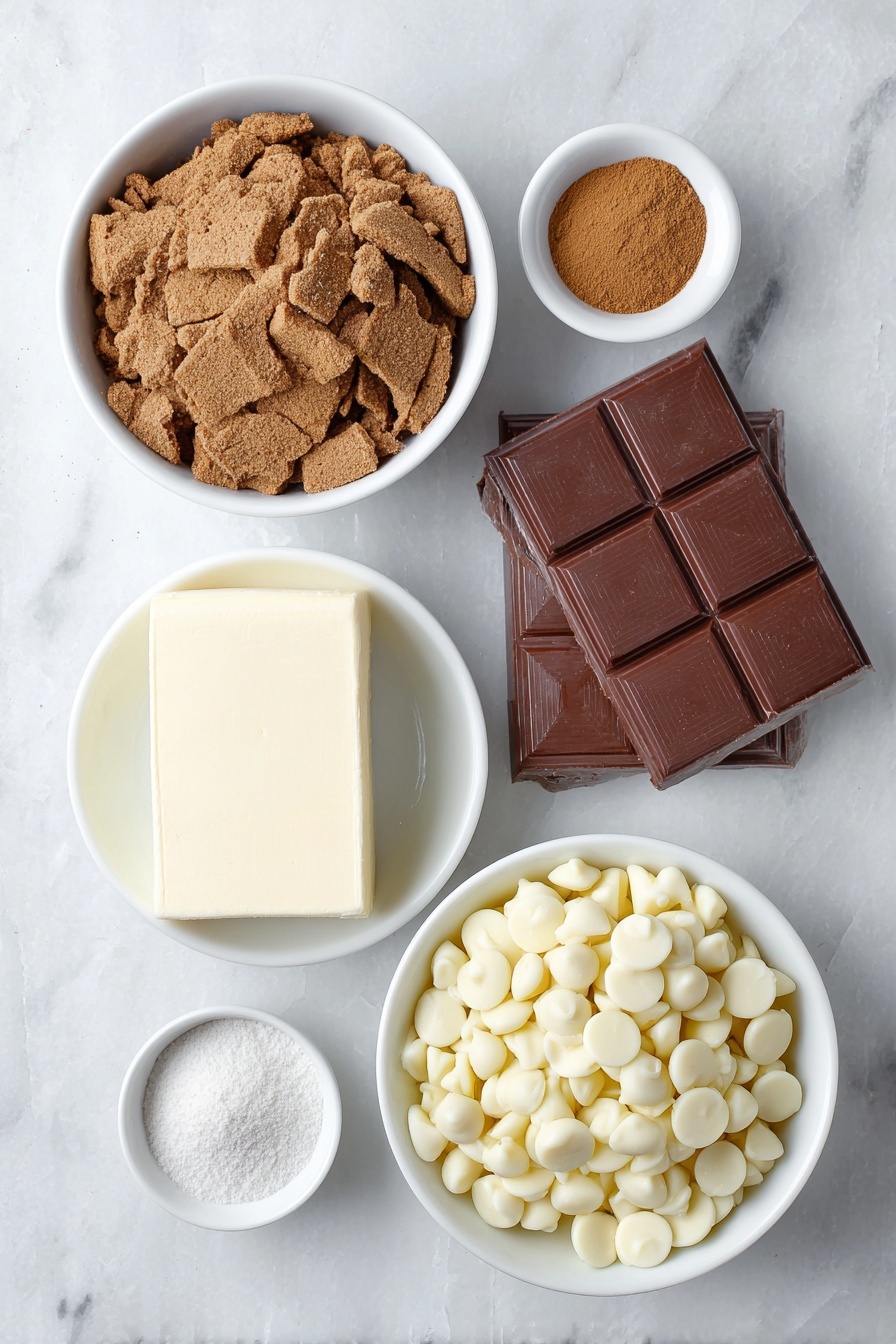 Flat lay of crushed gingerbread cookies in a simple white ceramic bowl, a whole block of cream cheese with one corner sliced revealing the creamy inside, a small white bowl with ground cinnamon powder, a small white bowl with ground nutmeg powder, a small white bowl with ground cloves powder, a small white bowl holding golden vanilla extract, and a simple white ceramic bowl filled with shiny white chocolate chips, placed on a clean white marble surface, soft natural light, photo taken with an iPhone, professional food photography style, fresh ingredients, white ceramic bowls, no bottles, no duplicates, no utensils, no packaging --ar 2:3 --v 7 --p m7354615311229779997 - Gingerbread Truffles, holiday treat ideas, easy gingerbread desserts, festive truffles recipe, no-bake holiday sweets