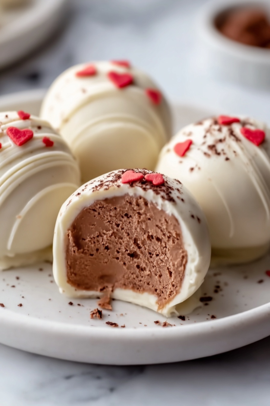 The image shows four round white chocolate-covered truffles placed on a white plate, which sits on a white marbled surface. Each truffle has a smooth, shiny white chocolate coating with a few small red heart-shaped sprinkles on top for decoration. One truffle is cut open to show the inside, revealing a rich, creamy milk chocolate filling with a soft texture. Some cocoa powder is lightly dusted on one of the truffles, adding a dark brown contrast to the white chocolate. The photo taken with an iphone --ar 2:3 --v 7 - Gingerbread Truffles, holiday treat ideas, easy gingerbread desserts, festive truffles recipe, no-bake holiday sweets