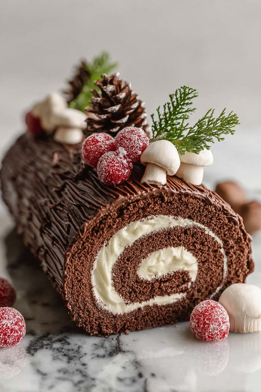 The image shows a chocolate roll cake shaped like a log, with three visible layers: a dark brown chocolate sponge cake rolled tightly around a smooth, creamy white filling in the center; the outside is coated in textured chocolate frosting with lines that look like bark. On top of the cake, there are three details: a small cluster of bright red sugared berries with green sprigs, a pine cone decoration, and three white mushrooms with brown gills. Around the cake are more white mushrooms and additional red sugared berries. The cake sits on a shiny surface with a white marbled background. Photo taken with an iphone --ar 2:3 --v 7 - Chocolate Peppermint Yule Log, holiday chocolate desserts, festive Christmas cake, peppermint chocolate roulade, easy holiday Yule log