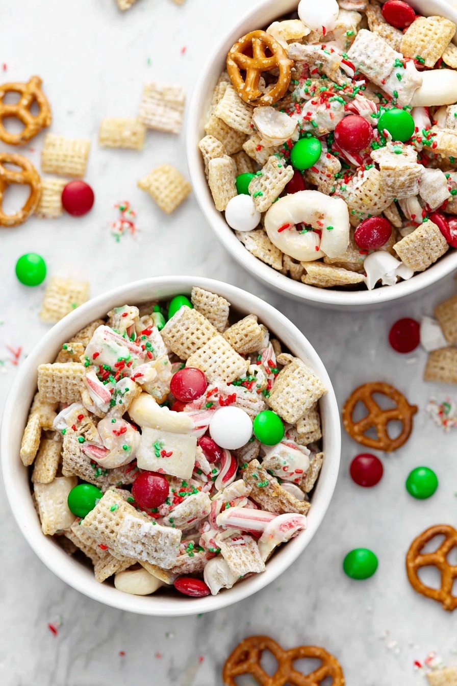 The image shows two white bowls filled with a festive snack mix on a white marbled surface. Each bowl holds a colorful mix of light beige square cereal pieces, white chocolate-covered pretzels, red and green candy-coated chocolates, and small round red, white, and green sprinkles scattered evenly over the mix. The colors are bright and create a holiday feel. Some pieces of the mix are scattered on the surface around the bowls. Photo taken with an iphone --ar 2:3 --v 7 - Gluten-Free Christmas Chex Mix, Christmas Chex Mix, Gluten-Free Holiday Snacks, Festive Chex Mix, Holiday Snack Recipes