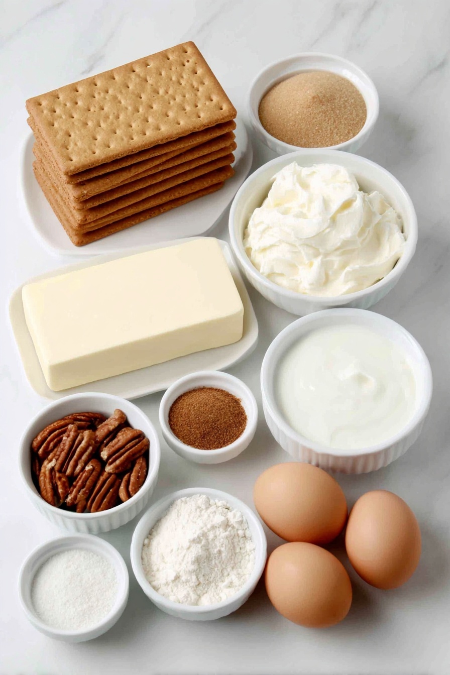 Flat lay of whole graham crackers stacked neatly, a small white ceramic bowl filled with pecan halves, another white bowl containing light brown sugar, a white bowl holding melted butter, a round block of full-fat cream cheese with smooth surface, a small white bowl of sour cream, a white bowl filled with granulated sugar, four whole large brown eggs with clean shells arranged symmetrically, a small white bowl with all-purpose flour, a small white bowl of clear vanilla extract, a small white bowl of salt, chopped pecan halves in a white bowl, a small white bowl filled with heavy cream, a small white bowl of ground cinnamon, a small white bowl of butter, all placed on a clean white marble surface, soft natural light, photo taken with an iPhone, professional food photography style, fresh ingredients, white ceramic bowls, no bottles, no duplicates, no utensils, no packaging --ar 2:3 --v 7 --p m7354615311229779997 - Pecan Cheesecake Bars, pecan dessert recipes, easy cheesecake bars, nutty dessert bars, festive cheesecake bars