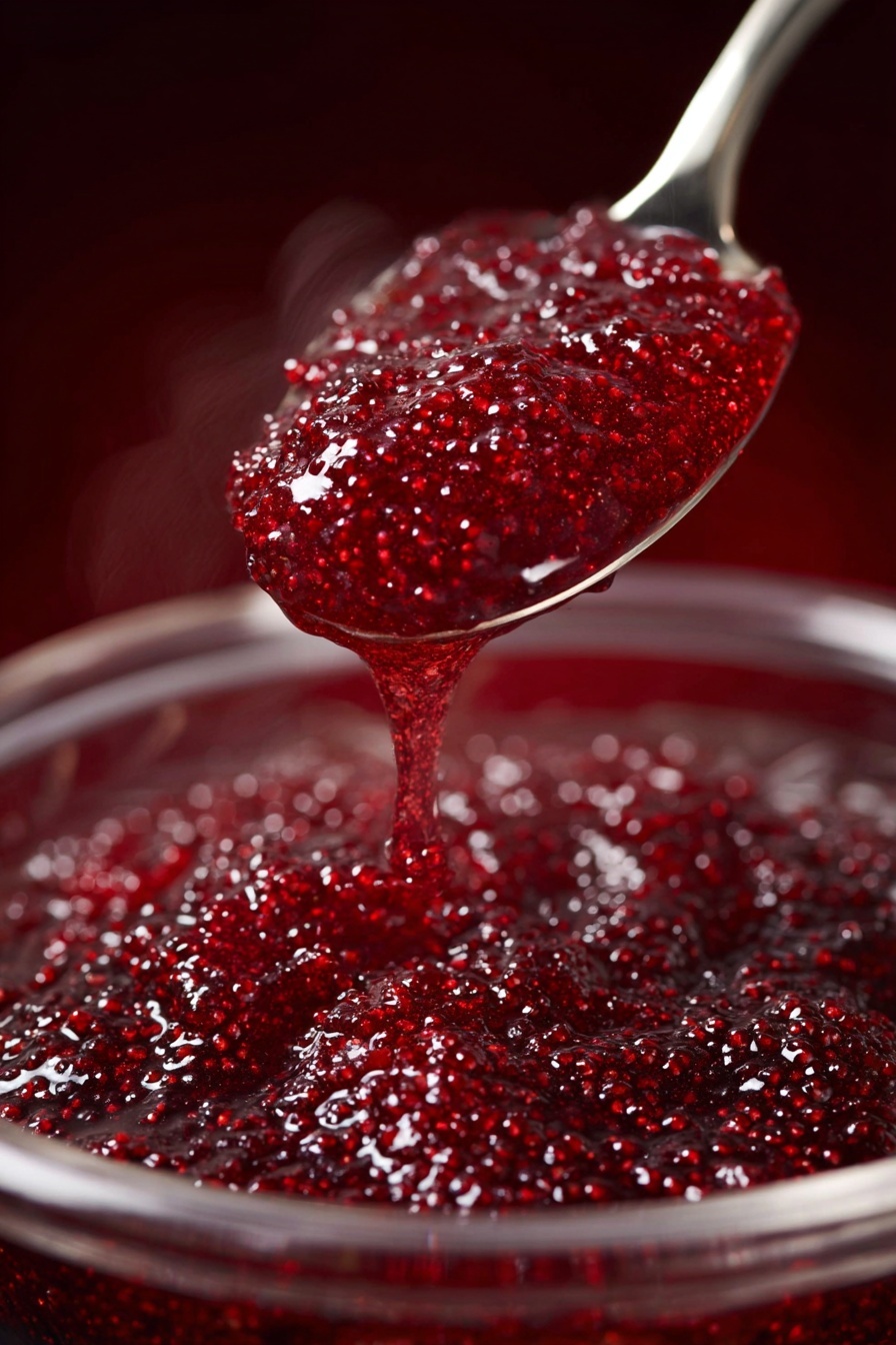 A close-up image shows a thick, deep red jam with many tiny white seeds, held on a shiny metal spoon above a clear white bowl filled with the same jam. The jam looks sticky and shiny, with a smooth but slightly bumpy texture from the seeds, and some steam rises from it, showing it is warm. The background is dark red, and the jam is dripping slowly from the spoon back into the bowl. photo taken with an iphone --ar 2:3 --v 7 - Crockpot Cranberry Strawberry Christmas Jam, holiday cranberry strawberry jam, easy festive fruit spread, slow cooker holiday recipes, Christmas jam for gifting