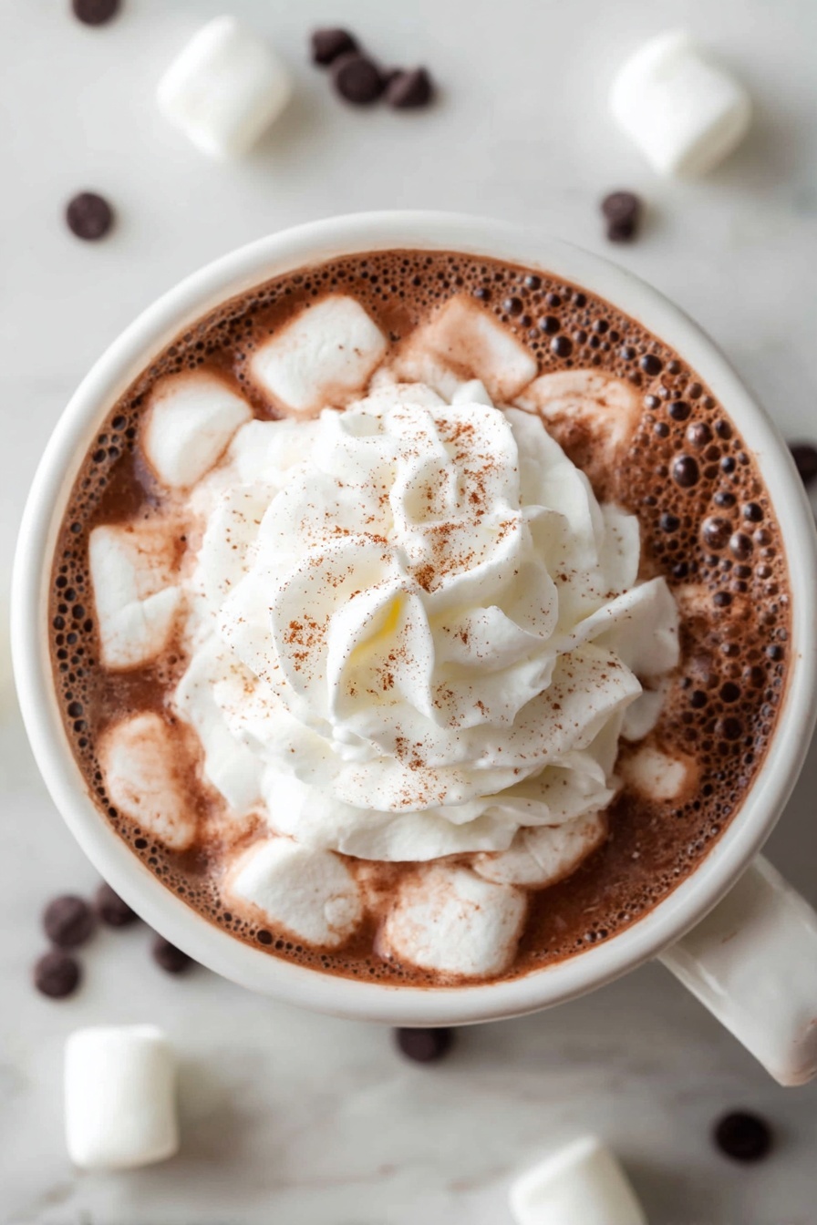 A top view of a white mug filled with hot chocolate showing three layers: the bottom layer is dark brown, frothy hot chocolate liquid; the middle layer has several white marshmallows floating across the surface, some slightly dusted with cocoa powder; the top layer consists of a large swirl of white whipped cream placed in the center. The mug sits on a white marbled surface with a few white marshmallows and dark chocolate chips scattered around. photo taken with an iphone --ar 2:3 --v 7 - Creamy Stovetop Hot Chocolate, rich hot chocolate recipe, easy stovetop hot chocolate, homemade hot cocoa, velvety hot chocolate drink
