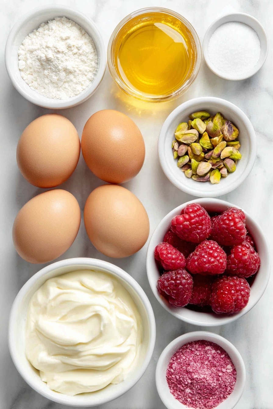 Flat lay of six whole free-range eggs with clean shells, a small white ceramic bowl of caster sugar, a small white bowl containing white vinegar, a small white bowl of cornflour, a small mound of Sunbeam Australian pistachios, a white ceramic bowl filled with thickened cream, a small white bowl with pure icing sugar, a small white bowl of rosewater, fresh raspberries, fresh strawberries, silver cachous, and a small pile of freeze-dried raspberry powder placed on a clean white marble surface, soft natural light, photo taken with an iPhone, professional food photography style, fresh ingredients, white ceramic bowls, no bottles, no duplicates, no utensils, no packaging --ar 2:3 --v 7 --p m7354615311229779997 - Mini Pavlova Christmas Trees, festive pavlova dessert, holiday meringue treats, Christmas dessert ideas, Christmas tree meringue