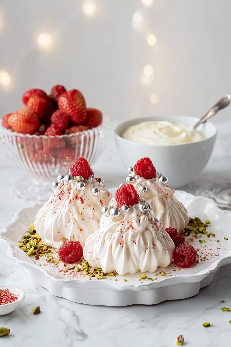 The image shows three small, white meringue desserts shaped like mini Christmas trees on a white, scalloped rectangular plate. Each meringue has multiple swirled layers forming the tree shape, decorated with small shiny silver balls and sprinkled with red powder. A fresh red raspberry sits on top of each meringue. Around the meringues, there are crushed green pistachios and extra raspberries on the plate. In the background, a clear bowl filled with mixed red berries and a white bowl with cream are placed on a white marbled surface, along with two green glittery Christmas ornaments. Photo taken with an iphone --ar 2:3 --v 7 - Mini Pavlova Christmas Trees, festive pavlova dessert, holiday meringue treats, Christmas dessert ideas, Christmas tree meringue