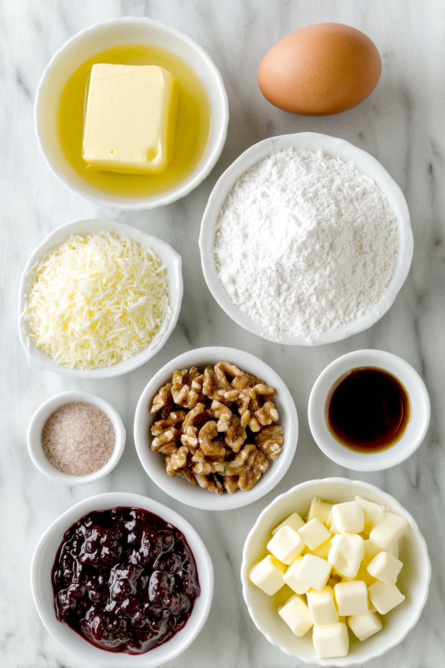 Flat lay of a small mound of softened butter, a small white bowl of granulated sugar, a single large brown egg with a clean shell, a small white bowl of clear vanilla extract, a small pile of all-purpose flour, a small pinch of baking powder on white ceramic, a small heap of sweetened shredded coconut, a small pile of chopped walnuts, a small white bowl filled with glossy raspberry preserves, and a small handful of white baking chips, all arranged with perfect symmetry on simple white ceramic plates and bowls placed on a clean white marble surface, soft natural light, photo taken with an iPhone, professional food photography style, fresh ingredients, white ceramic bowls, no bottles, no duplicates, no utensils, no packaging --ar 2:3 --v 7 --p m7354615311229779997 - Raspberry Coconut Bars, coconut dessert recipes, fruity bar recipes, easy tropical treats, raspberry coconut dessert