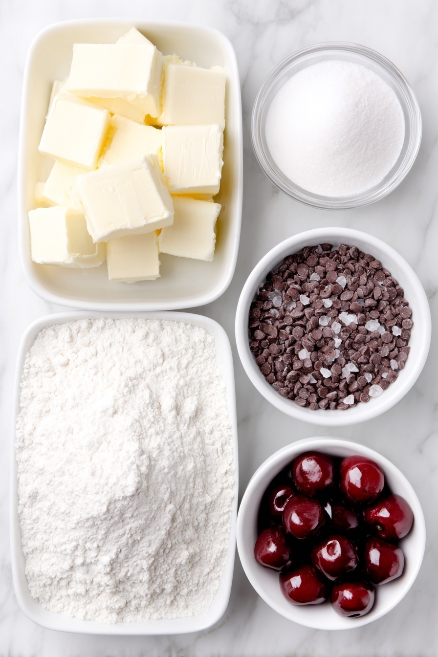 Flat lay of a small pile of unsalted butter cubes, a small white bowl filled with powdered sugar, a small white bowl of clear vanilla extract, a mound of all-purpose flour, a few whole maraschino cherries with glossy red skins, a small white bowl holding shiny dark chocolate chips, and a small white bowl with fine salt crystals, all arranged in perfect symmetry on a clean white marble surface, soft natural light, photo taken with an iPhone, professional food photography style, fresh ingredients, white ceramic bowls, no bottles, no duplicates, no utensils, no packaging --ar 2:3 --v 7 --p m7354615311229779997 - Maraschino Cherry Shortbread Cookies, cherry shortbread cookie recipe, holiday shortbread cookies, easy shortbread with cherries, buttery cherry cookies