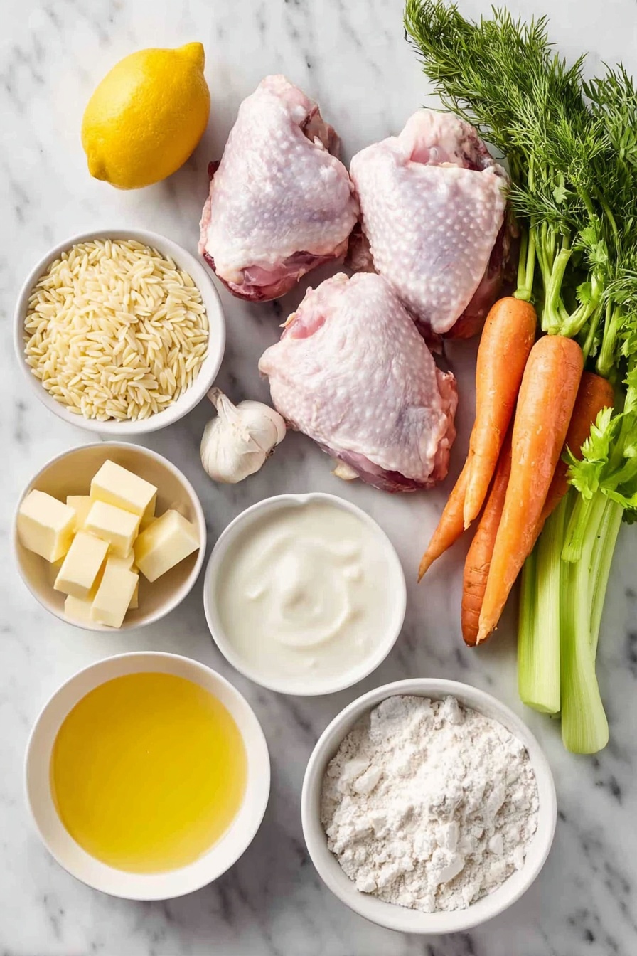 Flat lay of a simple white ceramic bowl of uncooked dry orzo pasta shaped like small rice grains, two large raw chicken thighs with natural skin texture, a whole fresh lemon with bright yellow peel, a small white bowl filled with heavy cream, a small white bowl containing freshly squeezed lemon juice with visible lemon zest, a bunch of fresh green dill sprigs, a few fresh parsley sprigs, a large yellow onion whole and unpeeled, four whole large carrots with bright orange skin and green tops trimmed, two fresh celery stalks with crisp leaves, eight whole garlic cloves with papery skin, a small pile of all-purpose flour, and a few cubes of unsalted butter arranged neatly, all placed on a clean white marble surface, soft natural light, photo taken with an iPhone, professional food photography style, fresh ingredients, white ceramic bowls, no bottles, no duplicates, no utensils, no packaging --ar 2:3 --v 7 --p m7354615311229779997 - Lemon Chicken Orzo Soup, lemon chicken soup, chicken and orzo soup, citrus chicken soup, easy lemon chicken soup