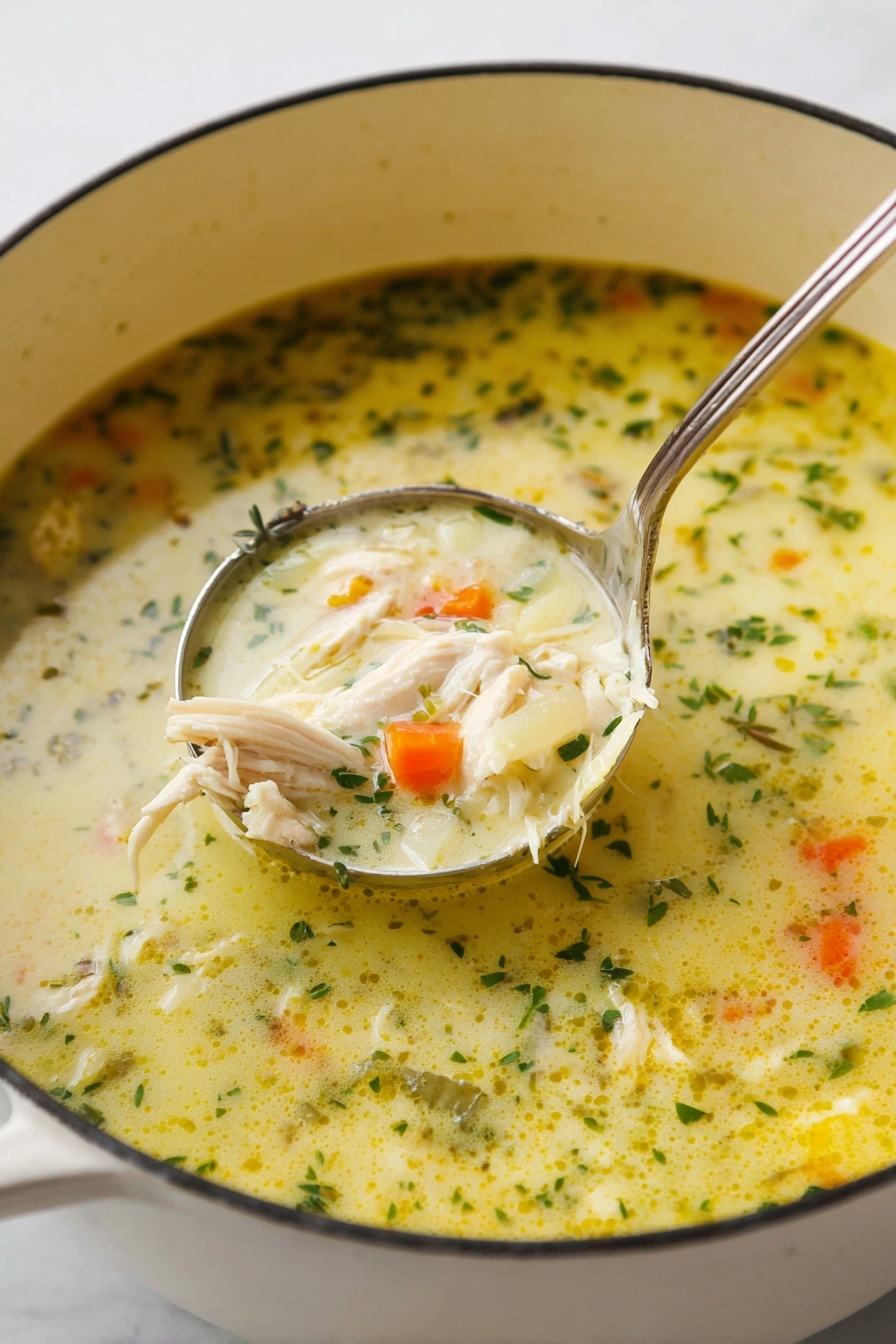 A close-up view of creamy chicken soup served in a large white pot with a dark rim, filled with a yellowish broth with green herb pieces swirled throughout. A silver ladle is lifting a portion of the soup, showing tender white chicken pieces, orange carrot chunks, and small green herb leaves floating in the thick, smooth broth. The pot sits on a white marbled surface. Photo taken with an iphone --ar 2:3 --v 7 - Lemon Chicken Orzo Soup, lemon chicken soup, chicken and orzo soup, citrus chicken soup, easy lemon chicken soup
