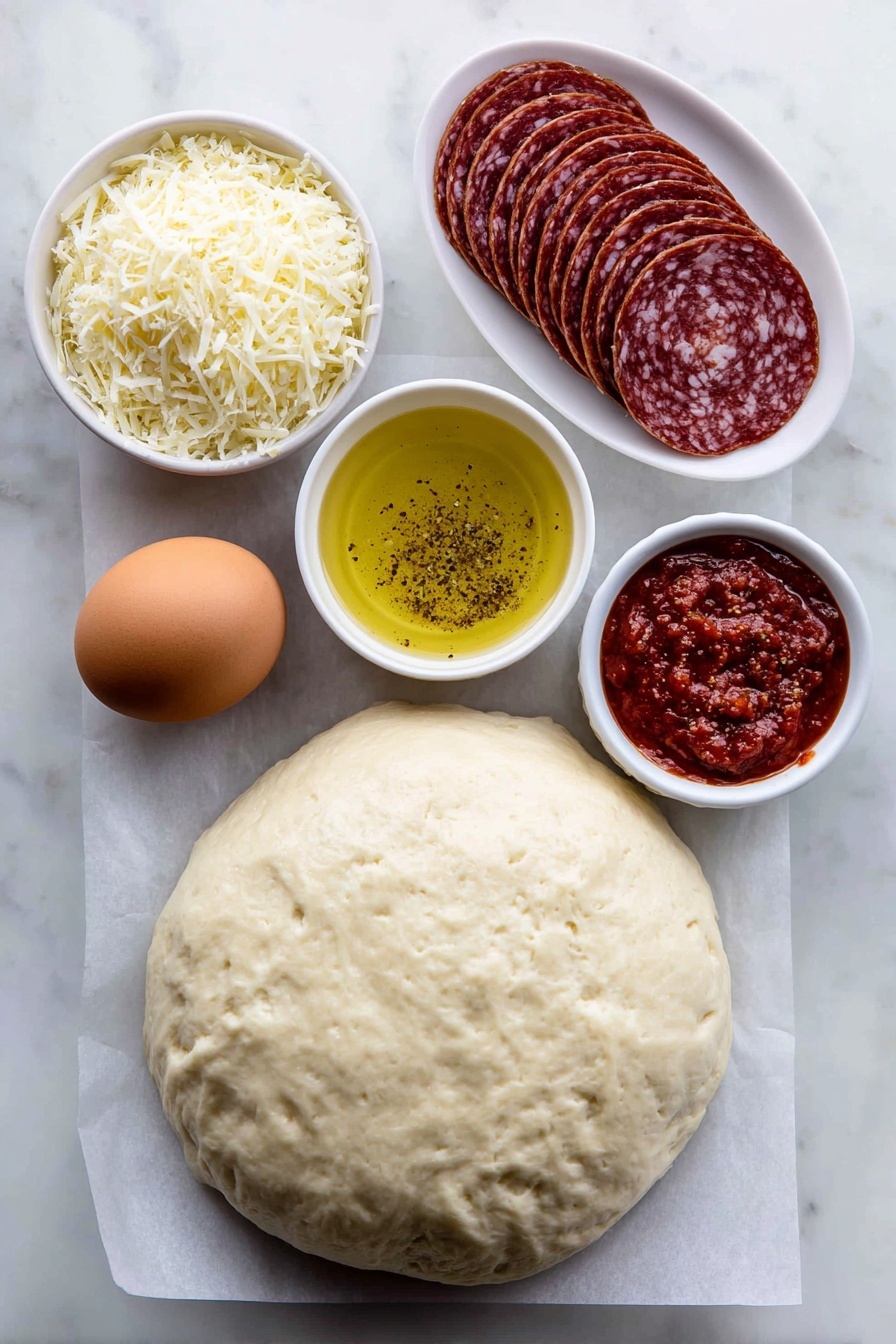Flat lay of a smooth, unrolled ball of fresh pizza dough resting on white parchment paper, a small white bowl with melted golden butter mixed with Italian seasoning and garlic powder, a neat stack of thin, round bright red pepperoni slices, a small white bowl filled with shredded mozzarella cheese, one large whole brown egg with a clean shell, a small white bowl holding finely grated pale parmesan cheese, and a small white bowl containing rich red marinara sauce, all arranged in perfect symmetry on a simple white ceramic surface, placed on a clean white marble surface, soft natural light, photo taken with an iPhone, professional food photography style, fresh ingredients, white ceramic bowls, no bottles, no duplicates, no utensils, no packaging --ar 2:3 --v 7 --p m7354615311229779997 - Cheese and Pepperoni Roll-Ups, pizza-inspired snack, easy appetizer recipes, cheesy pepperoni bites, quick party finger foods