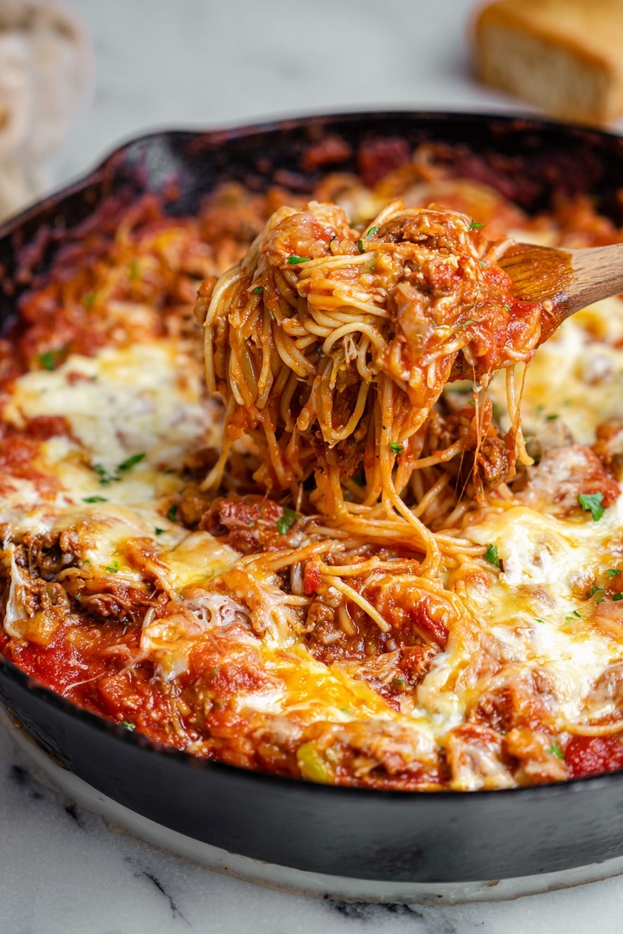 A black skillet filled with three clear layers of food sits on a white marbled surface. The bottom layer is melted golden and white cheese mixed with some brown cooked meat and bits of green herbs. The middle layer is a rich red tomato sauce with small chunks of vegetables and meat. The top layer is light brown spaghetti noodles covered with the sauce and cheese. A wooden spoon is lifting a portion of the noodles and melted cheese. The edges of the skillet show some melted cheese that looks slightly browned. Photo taken with an iphone --ar 2:3 --v 7 - Tik Tok Million Dollar Spaghetti Bake, cheesy casserole, easy pasta bake, creamy meat pasta, family favorite spaghetti casserole