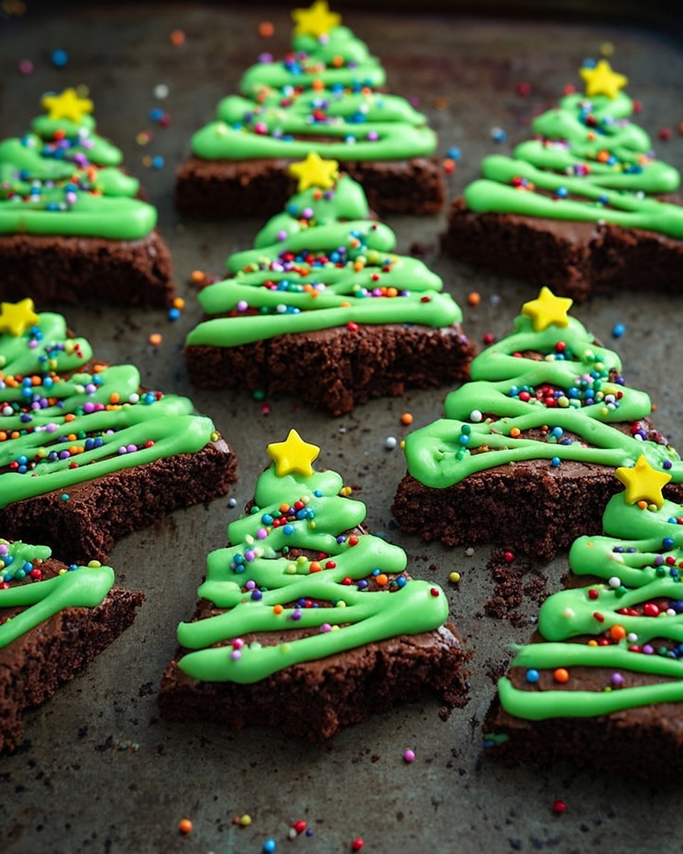 There are nine pieces of chocolate brownies shaped like triangles arranged in rows on a dark, slightly rusty metal tray. Each brownie has one thick layer of rich, dark brown texture. On top of each piece, there is bright green icing piped in a zigzag pattern like a Christmas tree. The icing looks smooth and slightly shiny. Colorful small round sprinkles of red, yellow, blue, purple, orange, and white are scattered over the green icing and some fall on the tray around the brownies. Each brownie has a small yellow star-shaped decoration at the tip of the green icing tree. The photo taken with an iphone --ar 4:5 --v 7