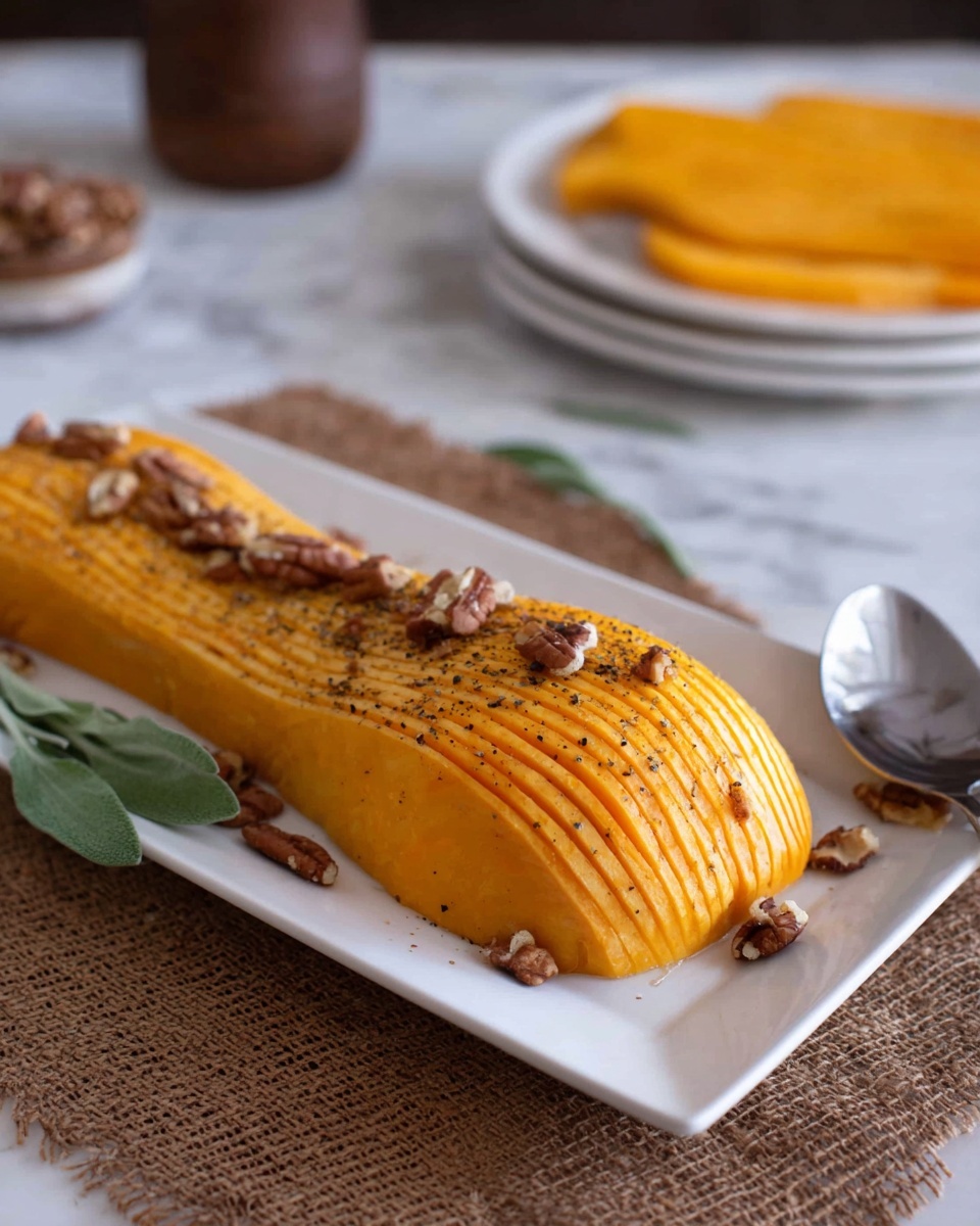 A long yellow squash is sliced into many thin even layers, fanned out to keep the shape whole on a white rectangular plate. Dark brown chopped nuts are spread over the squash and the plate, with small green herb leaves on top, adding texture and color contrast. A small bunch of fresh green sage leaves rests beside the squash on the plate. The white plate sits on a brown burlap cloth with a wooden table beneath. Photo taken with an iphone --ar 4:5 --v 7