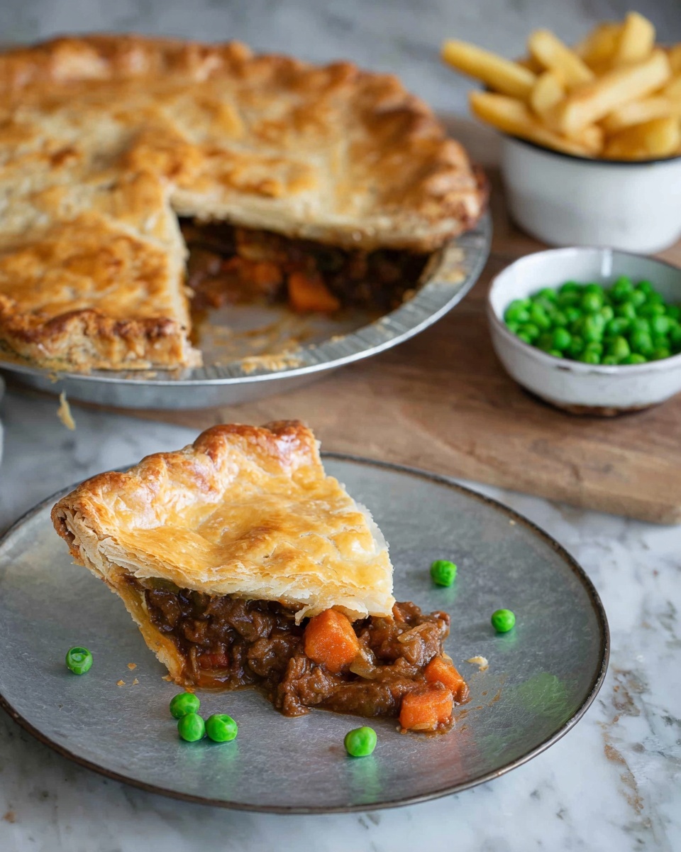A slice of golden brown pie with a flaky crust is placed on a round silver plate, showing two layers: the top crust is light golden and flaky, and the bottom filling is dark brown with chunks of orange carrots and meat. Around the slice, scattered bright green peas add color contrast. Behind this plate, a larger round pie with one slice missing sits on a silver tray, revealing the same dark brown filling with orange pieces. In the background, a small bowl of bright green peas and a small white container filled with thick golden fries sit on a white marbled surface. Photo taken with an iphone --ar 4:5 --v 7