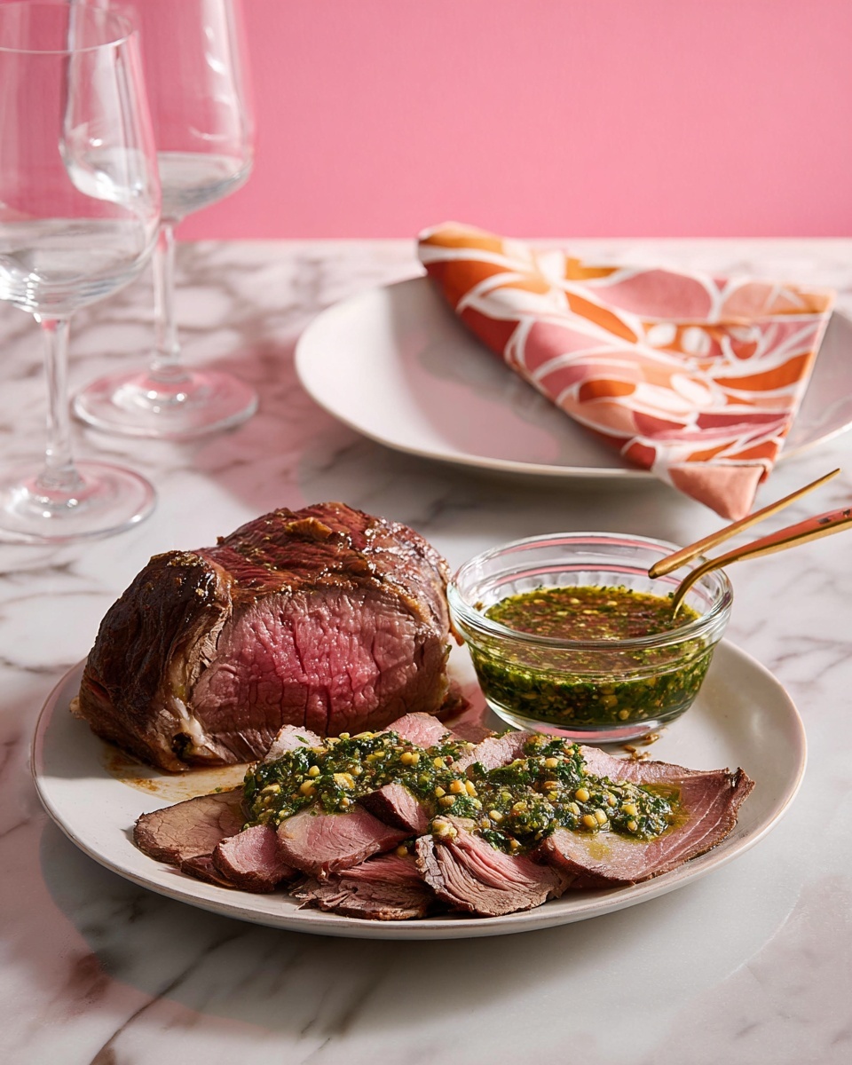 A single piece of cooked and tied meat sits in the center of a rectangular wooden cutting board. The meat is browned on the outside with a shiny, slightly oily texture, and is tied with thin strings going across it horizontally, holding the shape tight. Some crushed spices stick to the top right side of the meat. The cutting board is placed on a white marbled surface. photo taken with an iphone --ar 4:5 --v 7