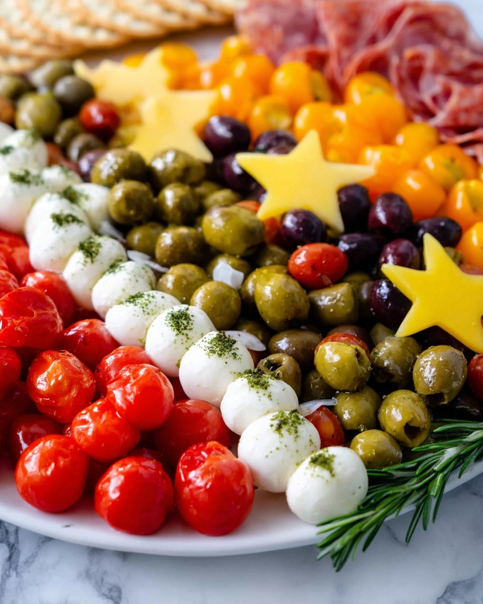 The dish shows a close-up view of a colorful layered platter on a white plate, set on a white marbled surface. Starting from the front, there are small red and orange round peppers in one layer, followed by a row of smooth white mozzarella balls, each accented with small green rosemary sprigs. Behind these, a mix of shiny black and green olives forms a dense, glossy layer. Above the olives, there are bright yellow and red cherry tomatoes, creating a vibrant scatter. Near the back, thin triangular slices of light yellow cheese with herbs rest beside folded slices of reddish salami. There is also a yellow star-shaped cheese piece peeking from behind the meat. Some round light brown crackers are placed in the top left corner, slightly out of focus. The colors and textures contrast nicely, presenting a fresh and vibrant look, photo taken with an iphone --ar 4:5 --v 7