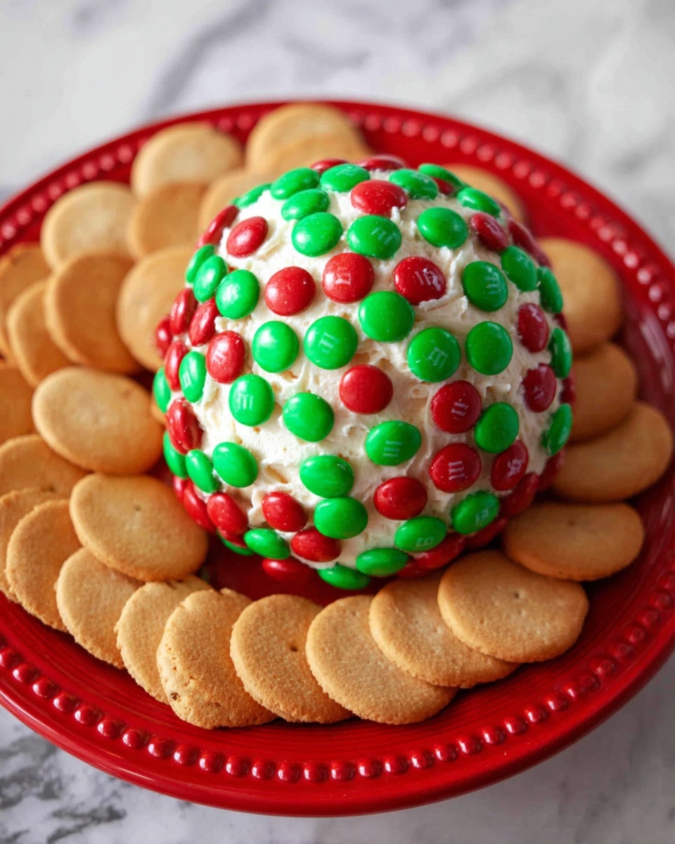 The image shows a dome-shaped cheese ball covered with bright red and green candies, arranged in rows all around it. The cheese ball is placed on a shiny white plate with a decorated rim. Surrounding the cheese ball around the bottom are round, light brown cookies with a soft texture. The scene is set on a white marbled surface with natural light highlighting the colors and textures. photo taken with an iphone --ar 4:5 --v 7