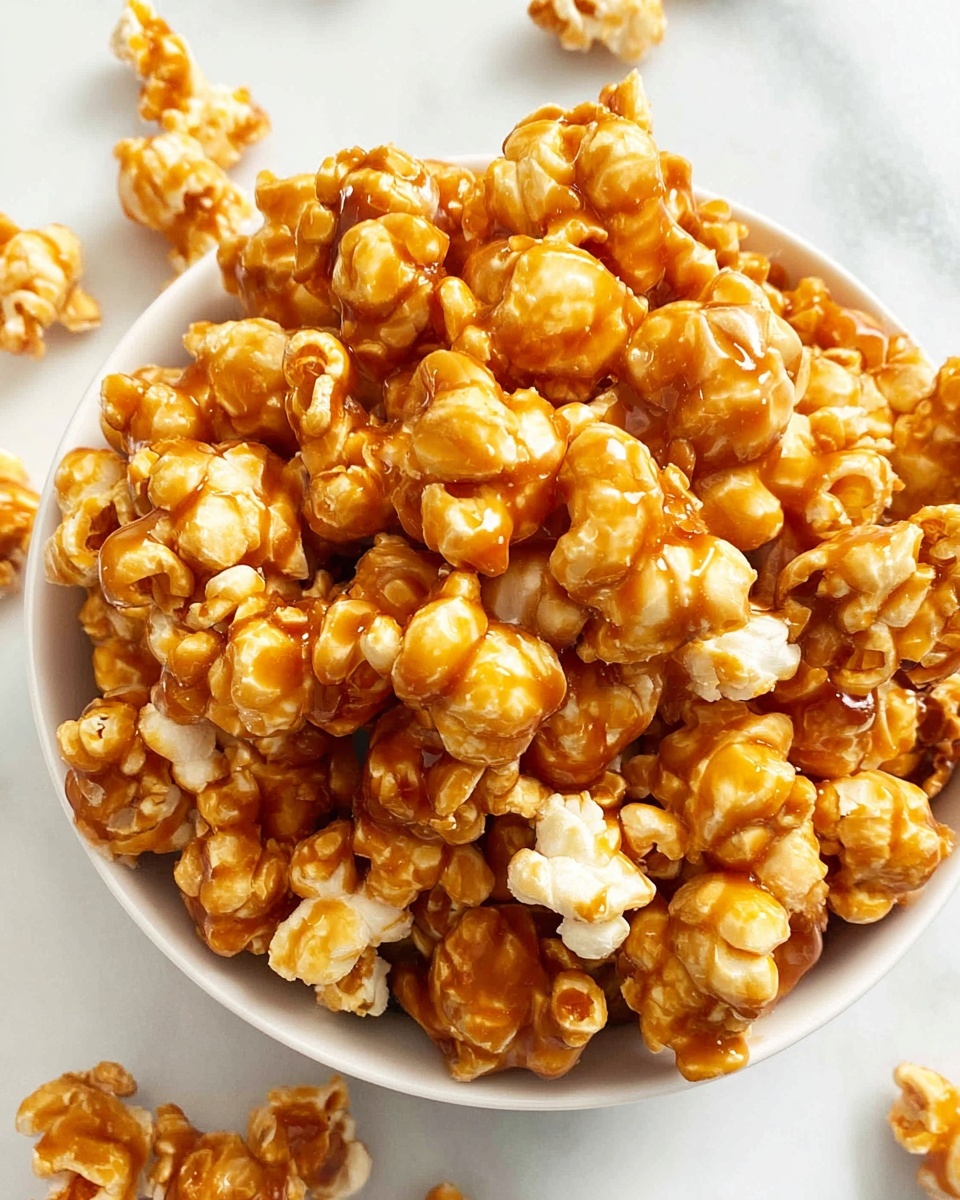 A close-up view of a white bowl full of caramel popcorn, each piece coated with a shiny, golden-brown caramel layer giving a mix of light and dark amber colors with a slightly glossy texture. The bowl sits on a white marbled surface, with a few pieces of popcorn scattered around it. The popcorn pieces are irregular in shape, showing their fluffy, puffed form covered with a smooth caramel coating. Photo taken with an iphone --ar 4:5 --v 7