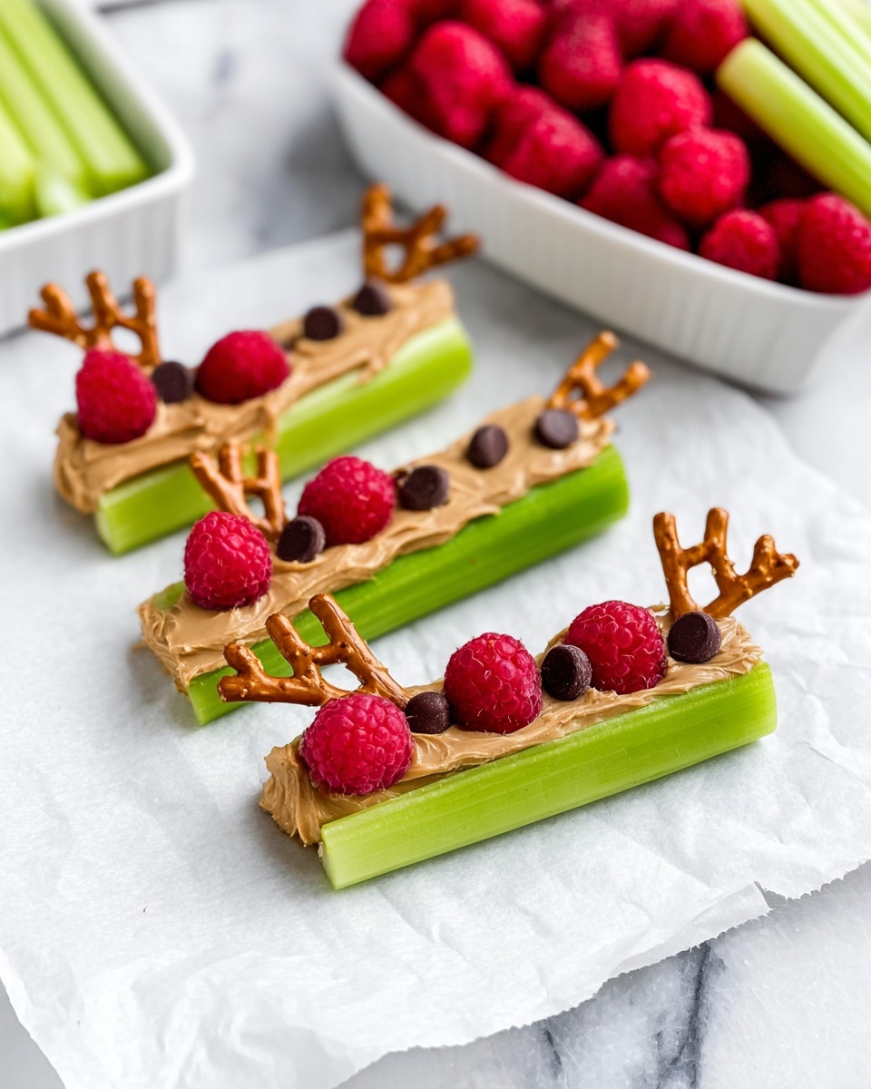 The image shows four celery sticks on white parchment paper over a white marbled surface. Each celery stick is filled with a smooth layer of light brown peanut butter spread evenly across its inner groove. At the top ends of the celery sticks, broken brown pretzel pieces are placed to look like antlers, with two small dark chocolate chips near them acting as eyes. On the bottom end of each celery stick, two bright red raspberries are placed to look like noses. To the side, there is a clear container filled with fresh raspberries, broken pretzel pieces scattered near the celery, and a silver knife with peanut butter on it laying on white parchment paper. Photo taken with an iphone --ar 4:5 --v 7