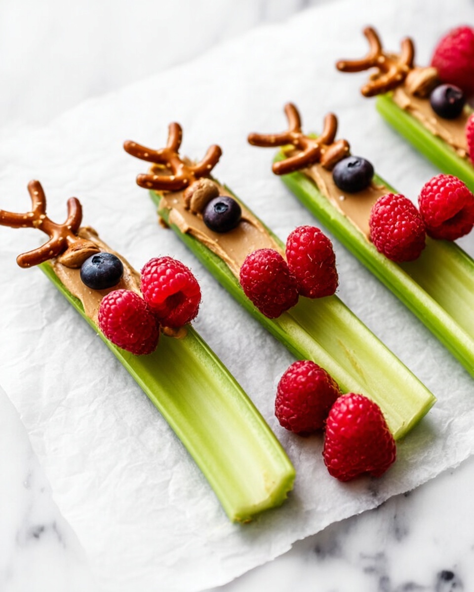 The image shows four pieces of celery sticks laid on white parchment paper over a white marbled background. Each celery stick is filled with a smooth light brown layer of peanut butter. At one end of each celery stick, there are two small dark brown blueberries placed side by side. Above the blueberries on two celery sticks, small curved pretzel pieces create tiny 