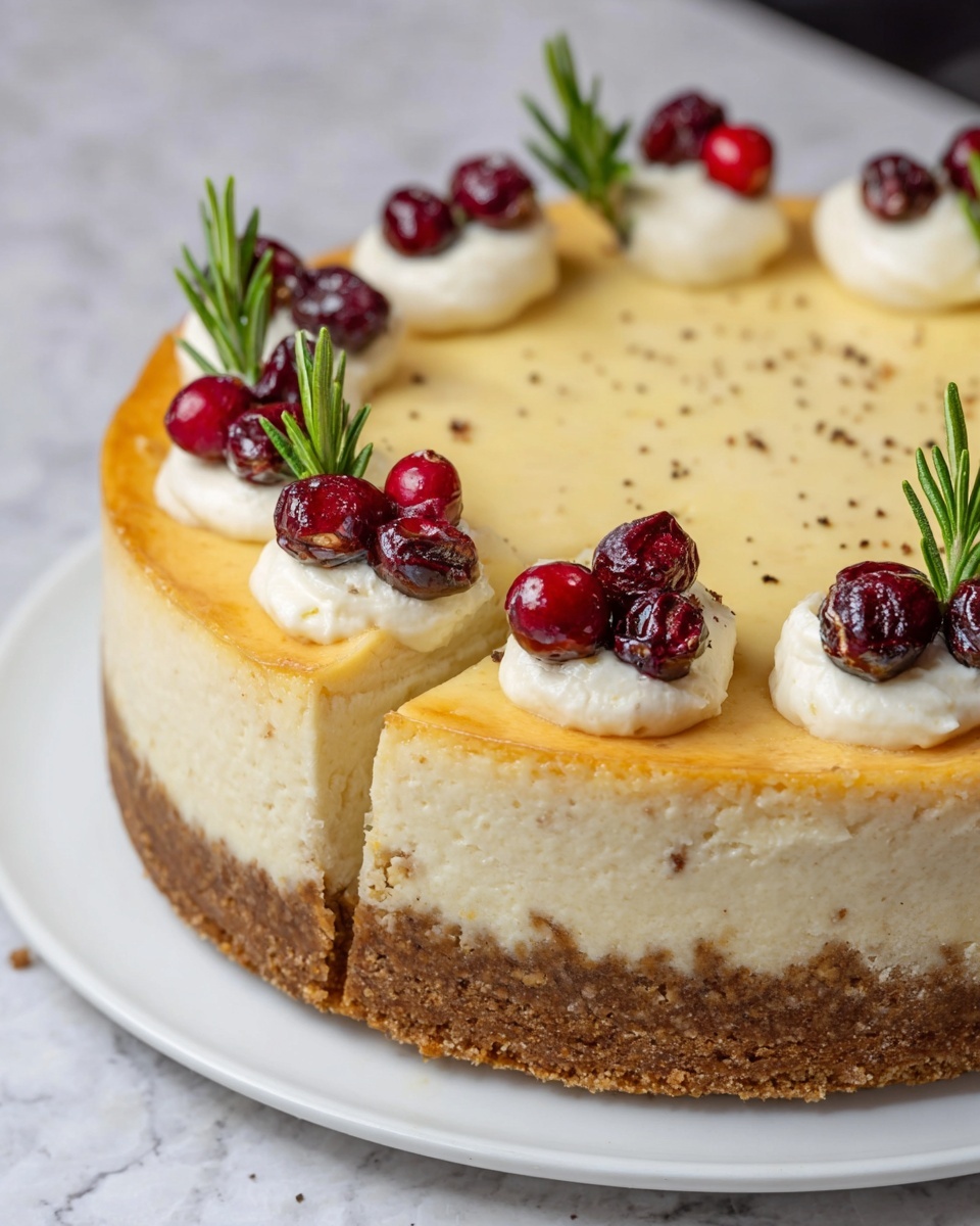 A cheesecake with two main layers: a thick, light cream cheese layer on top and a dense, crumbly brown crust at the bottom. The top is smooth with a light golden brown shade and sprinkled with small dark specks. Around the edge, there are six dollops of white cream, each topped with three shiny red cranberries and a small sprig of green rosemary. The cheesecake is on a white plate with a white marbled texture surface. Photo taken with an iphone --ar 4:5 --v 7