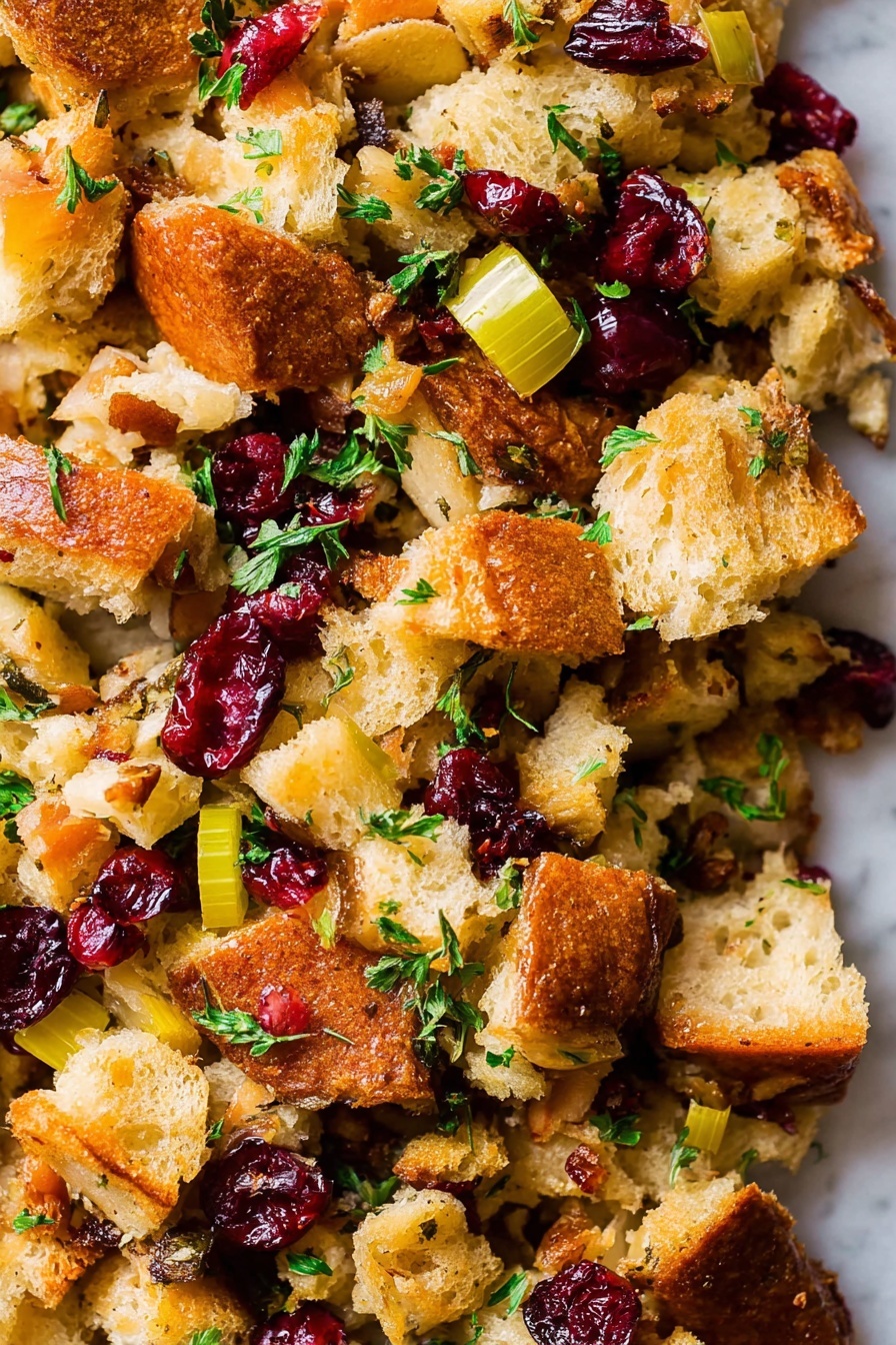 The image shows a close-up of a mixed stuffing with three main visible layers of ingredients. The bottom layer has soft, torn pieces of golden-brown toasted bread with a crisp texture on some edges. The middle layer contains small light yellow chunks of cooked apple and celery, adding a juicy and crunchy look. The top layer is scattered with bright red dried cranberries and green chopped parsley leaves, giving a fresh and colorful touch. All these layers blend closely together, showing a mix of soft, crunchy, and chewy textures. The background is a white marbled surface. photo taken with an iphone --ar 2:3 --v 7 - Cranberry Apple Stuffing, holiday stuffing recipes, cranberry stuffing recipe, apple stuffing side dish, festive stuffing ideas