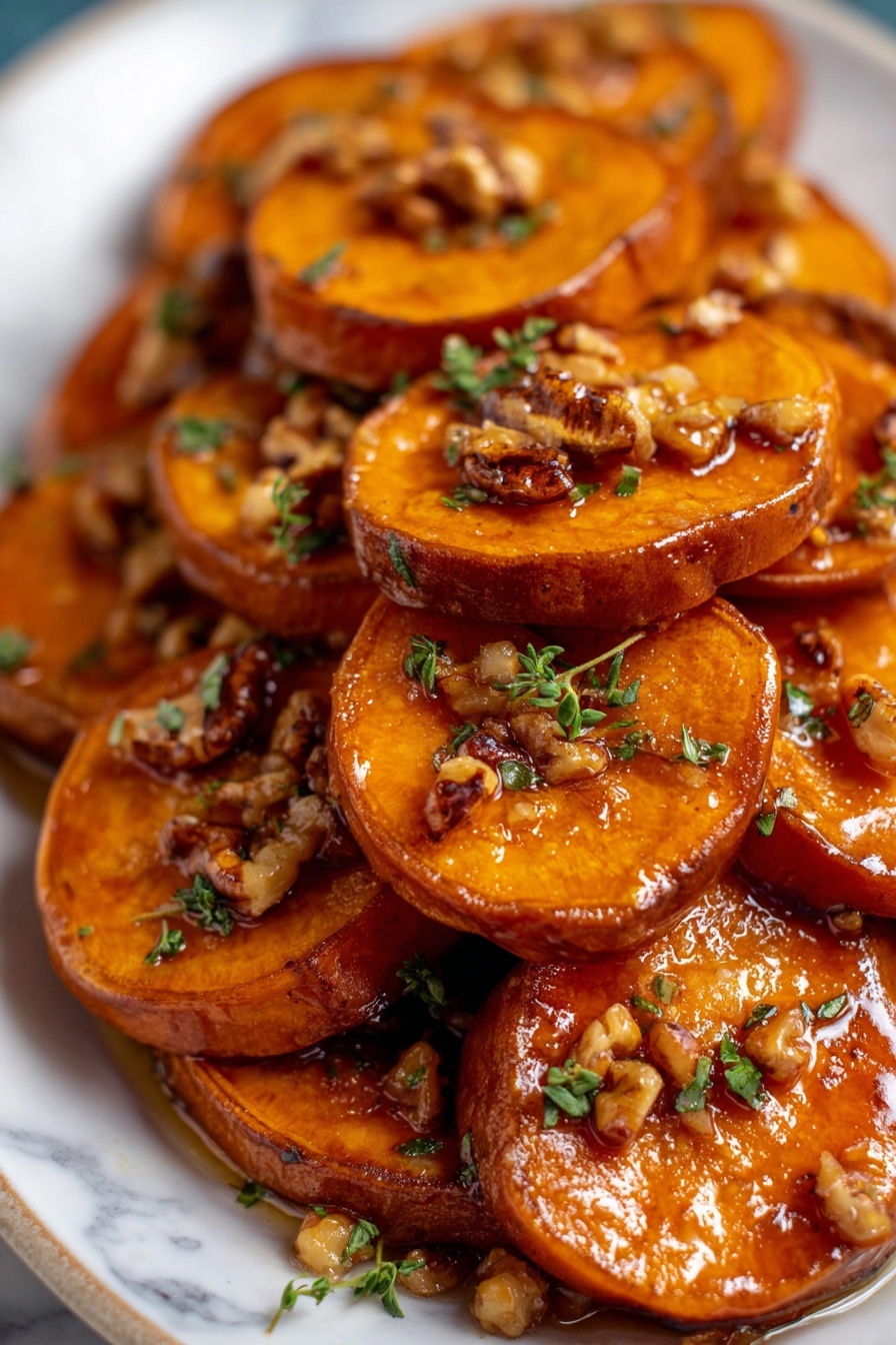 A close-up of many cooked sweet potato slices stacked on a white plate, each slice having a warm orange-brown color with a shiny glazed surface. On top of each slice, there are small pieces of chopped nuts that look crunchy and light brown, mixed with tiny fresh green herb leaves. The sweet potato edges are slightly darker and caramelized, creating a rich contrast with the orange inside. The plate sits on a white marbled surface, and the focus is sharp, showing the texture of the glaze and nuts clearly. photo taken with an iphone --ar 2:3 --v 7 - Maple Pecan Roasted Sweet Potatoes, sweet potato side dish, roasted sweet potatoes with pecans, caramelized sweet potatoes, holiday sweet potato recipes