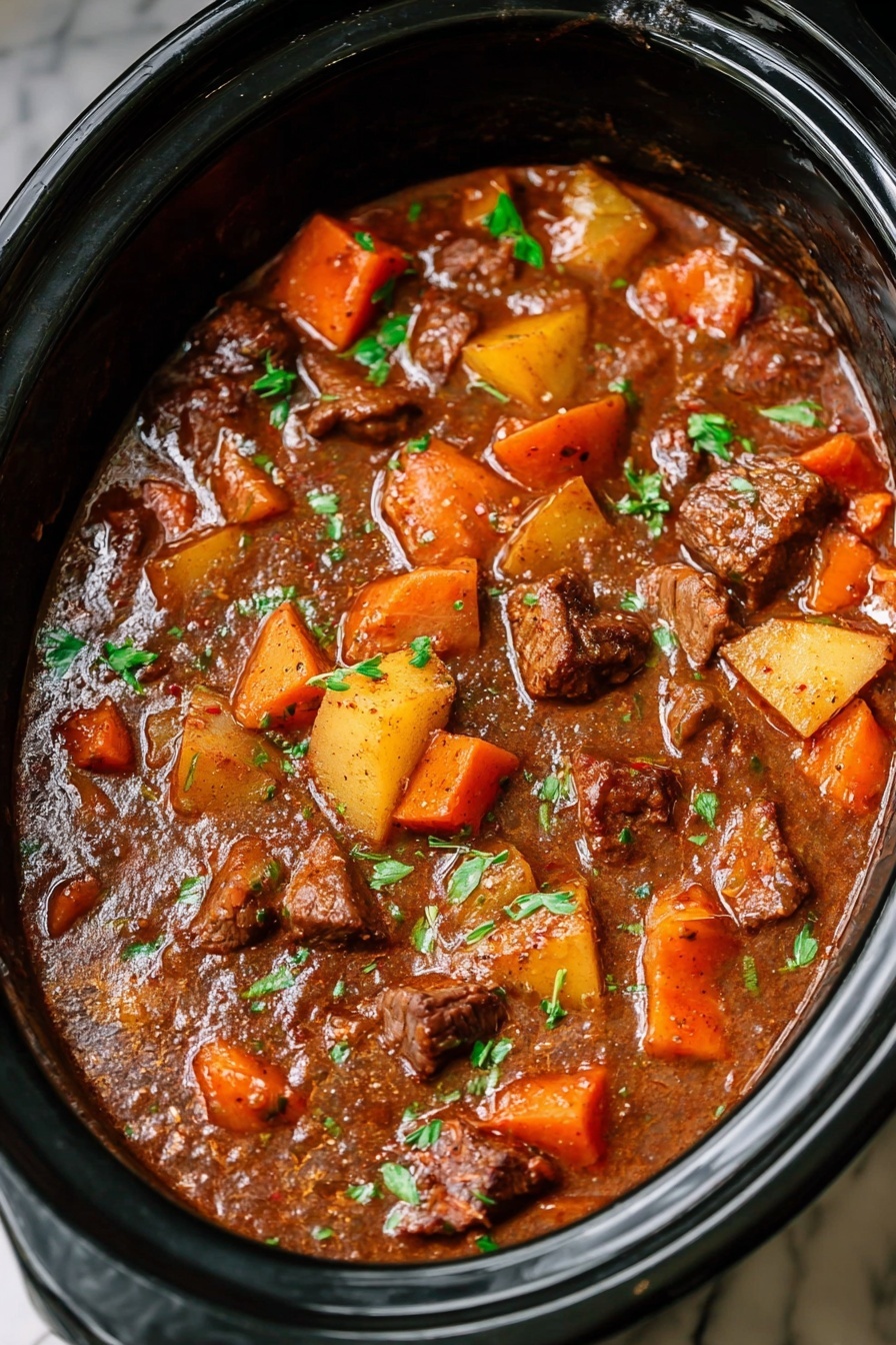 A close-up view of a rich stew inside a black slow cooker shows layers of chunky textures and colors. The thick brown sauce fills the pot, covering large pieces of orange carrots, light yellow potatoes, and soft green celery. Dark brown meat chunks are scattered throughout, some partially submerged and some visible on top. Small green herbs are sprinkled across the stew’s surface, adding a fresh touch. The gloss of the sauce reflects light, giving it a moist and hearty look. The slow cooker sits on a white marbled surface. photo taken with an iphone --ar 2:3 --v 7 - Slow Cooker Venison Stew, venison stew recipe, hearty slow cooker dinner, easy venison stew, comforting venison meal