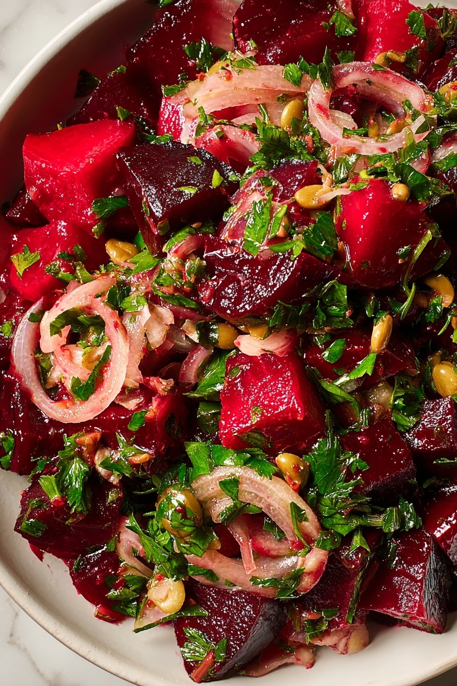A close-up view of a salad in a white bowl placed on a white marbled surface, showing three main layers: deep red, glossy cubes of beetroot scattered all over, thin, curved slices of pale pink pickled onions intermixed throughout, and bright green chopped parsley leaves finely spread for freshness. The ingredients are coated in a light, shiny dressing that adds a slight glisten to the pieces, with some small beige olive slices sparsely visible. The mix looks fresh, moist, and colorful with a mix of smooth beetroot, soft onion curls, and crisp herb textures. Photo taken with an iphone --ar 2:3 --v 7 - Pickled Beet Salad with Fresh Herbs, beet salad recipe, healthy beet salad, easy vegetable salad, tangy pickled beet dish