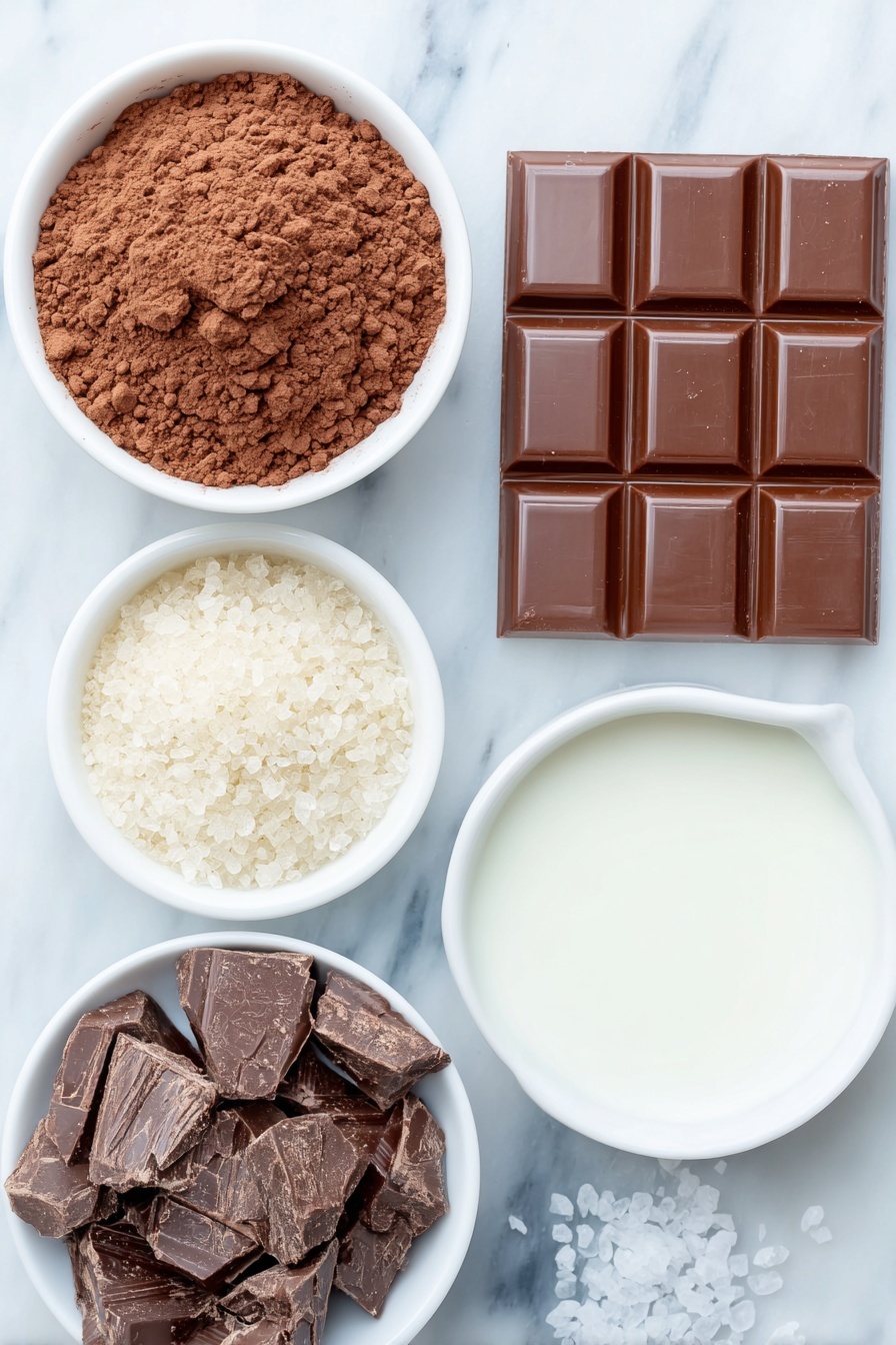 Flat lay of a small white ceramic bowl of rich brown cocoa powder, a small white ceramic bowl filled with light brown granulated brown sugar, a small white ceramic bowl containing chopped semi-sweet chocolate pieces, a small white ceramic bowl with smooth whole milk, a tiny white ceramic bowl holding clear vanilla extract, and a small pile of coarse sea salt crystals scattered neatly beside the bowls, placed on a clean white marble surface, soft natural light, photo taken with an iPhone, professional food photography style, fresh ingredients, white ceramic bowls, no bottles, no duplicates, no utensils, no packaging --ar 2:3 --v 7 --p m7354615311229779997 - Creamy Stovetop Hot Chocolate, rich hot chocolate recipe, easy stovetop hot chocolate, homemade hot cocoa, velvety hot chocolate drink