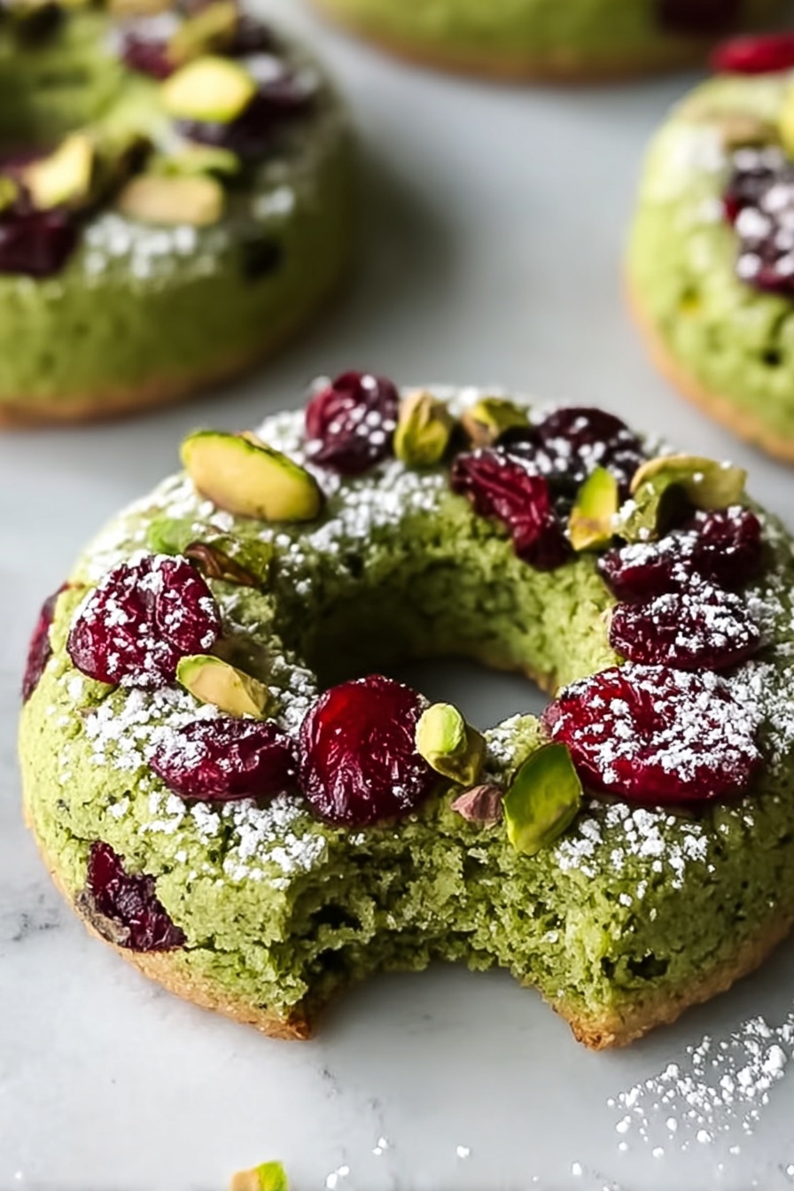 The image shows a close-up of green ring-shaped cookies placed on a white marbled surface. Each cookie has roughly two layers—the base is light brown and thin, while the top thick layer is bright green with a rough texture. This green layer is decorated with large pieces of red dried cranberries and green pistachio nuts scattered unevenly on top. A light dusting of white powdered sugar covers part of the cookie's surface. One cookie in the front has a small bite taken out, showing the crunchy texture inside. Photo taken with an iphone --ar 2:3 --v 7 - Pistachio Cranberry Wreath Cookies, Festive holiday cookies, No-bake wreath cookies, Nutty and tart holiday treats, Easy Christmas cookie recipes