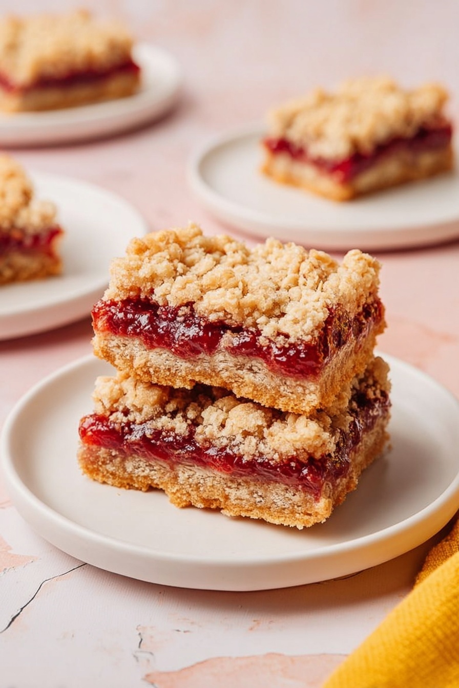 The image shows two layered oat bars stacked on a white round plate, placed on a soft pink surface with a white marbled texture. Each bar has three layers: the bottom and top layers are golden brown, crumbly oat crust with rough texture, while the middle layer is a thick, bright red jam filling that looks smooth and slightly shiny. Around the main plate, there are two other white plates with single oat bars on the same pink and white marbled surface, and a yellow cloth is partially visible in the bottom right corner. The lighting is soft, highlighting the crumbly details of the oat bars. photo taken with an iphone --ar 2:3 --v 7 - Raspberry Coconut Bars, coconut dessert recipes, fruity bar recipes, easy tropical treats, raspberry coconut dessert