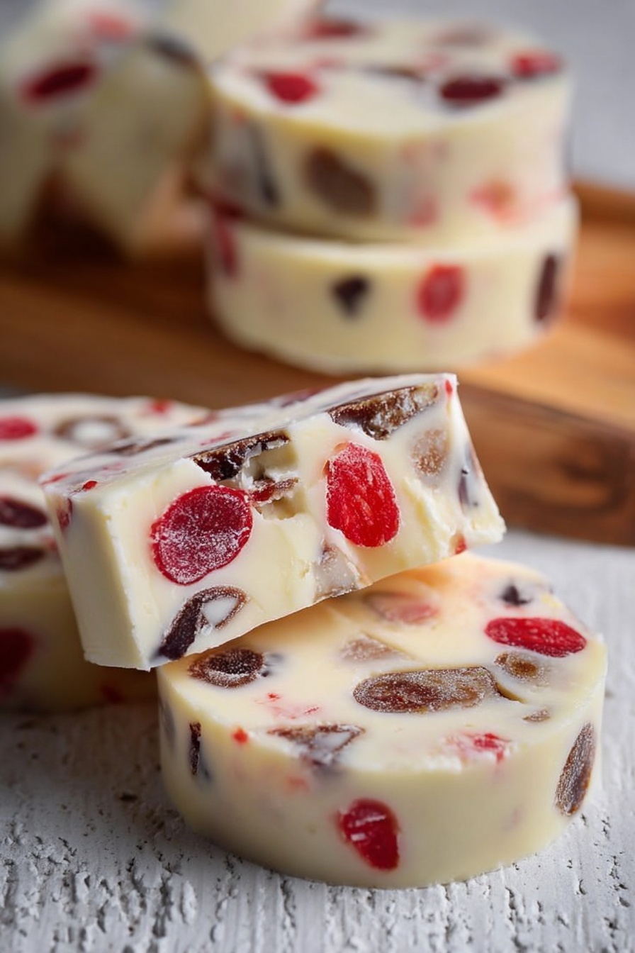The image shows several round slices of a white creamy dessert with embedded chunks of dark brown and bright red pieces, scattered irregularly inside each slice. The slices have a smooth texture and are thick, stacked slightly on each other on a white textured surface. The background is blurred but suggests more slices stacked on a wooden board. The overall look is soft with contrasting dark and bright bits inside the pale main body. photo taken with an iphone --ar 2:3 --v 7 - Maraschino Cherry Shortbread Cookies, cherry shortbread cookie recipe, holiday shortbread cookies, easy shortbread with cherries, buttery cherry cookies